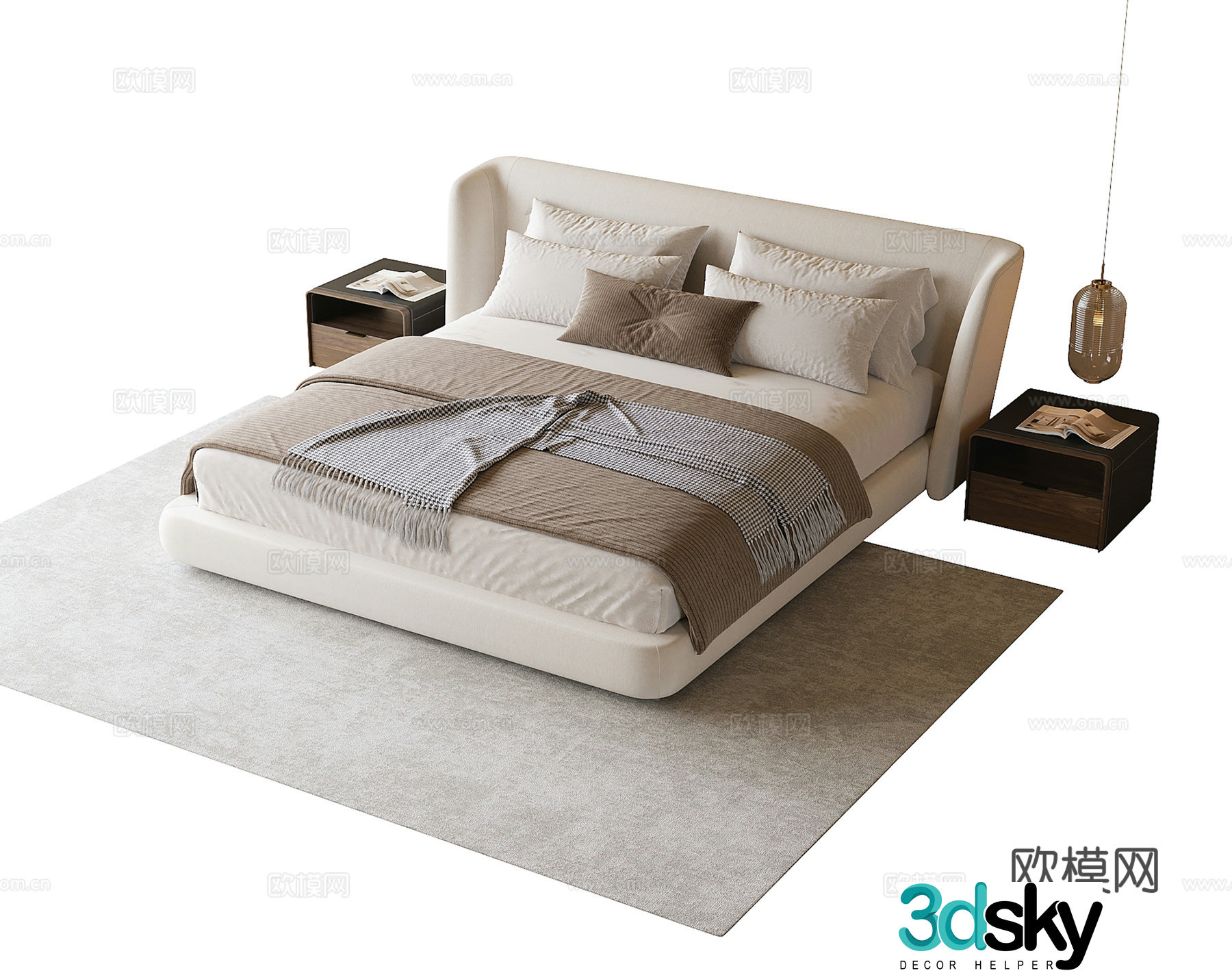 Modern double bed nightstand carpet 3d model