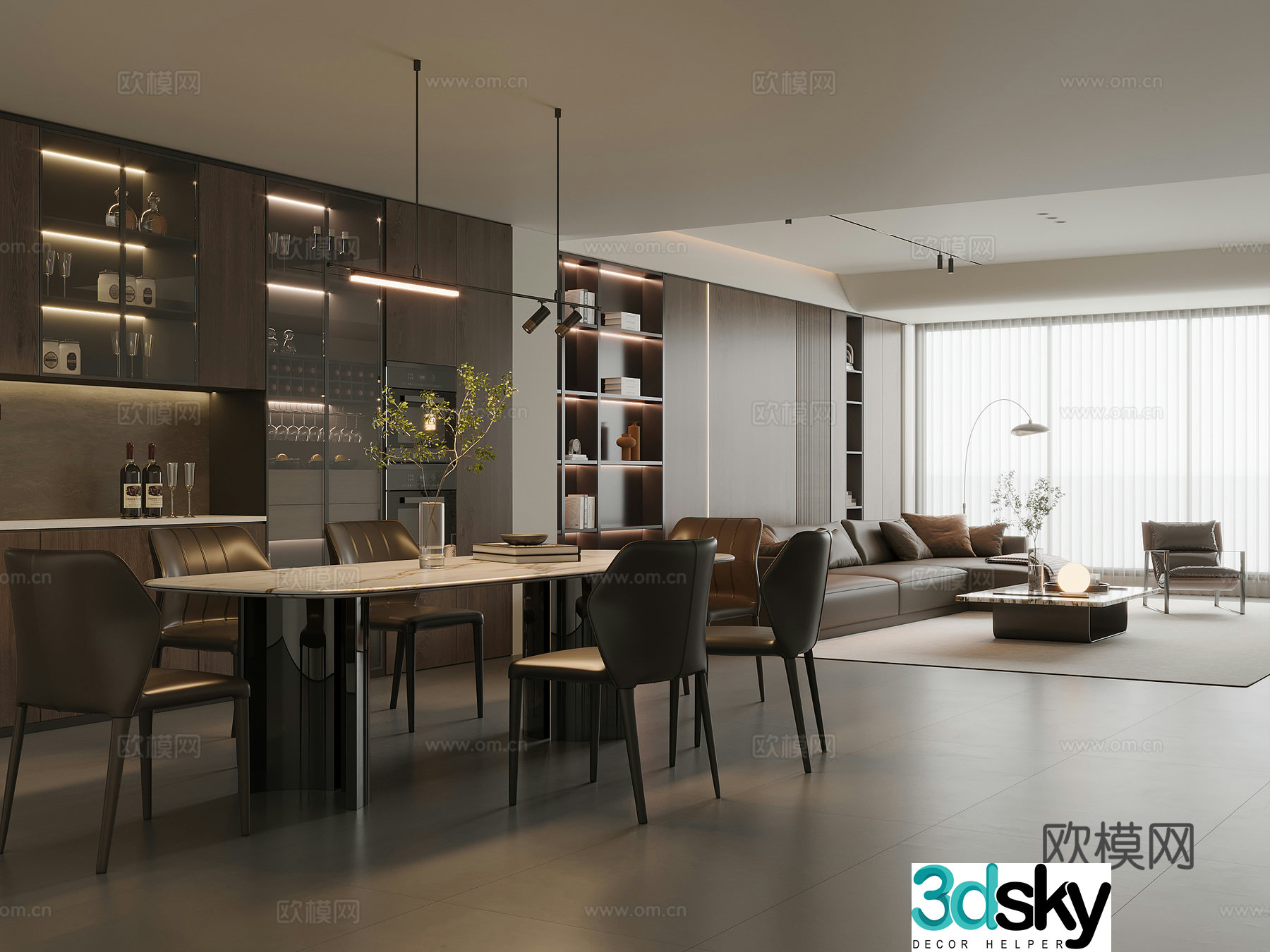 Modern Italian dining room marble dining table and chairs sideboard wine cabinet leather sofa coffee table combination 3D model