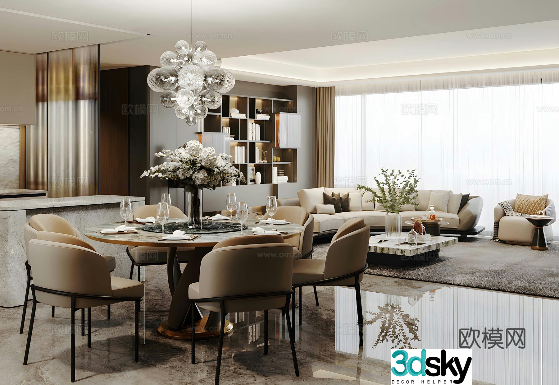 Light luxury Italian large flat floor living room horizontal living room round table restaurant high-end gray living room 3D model