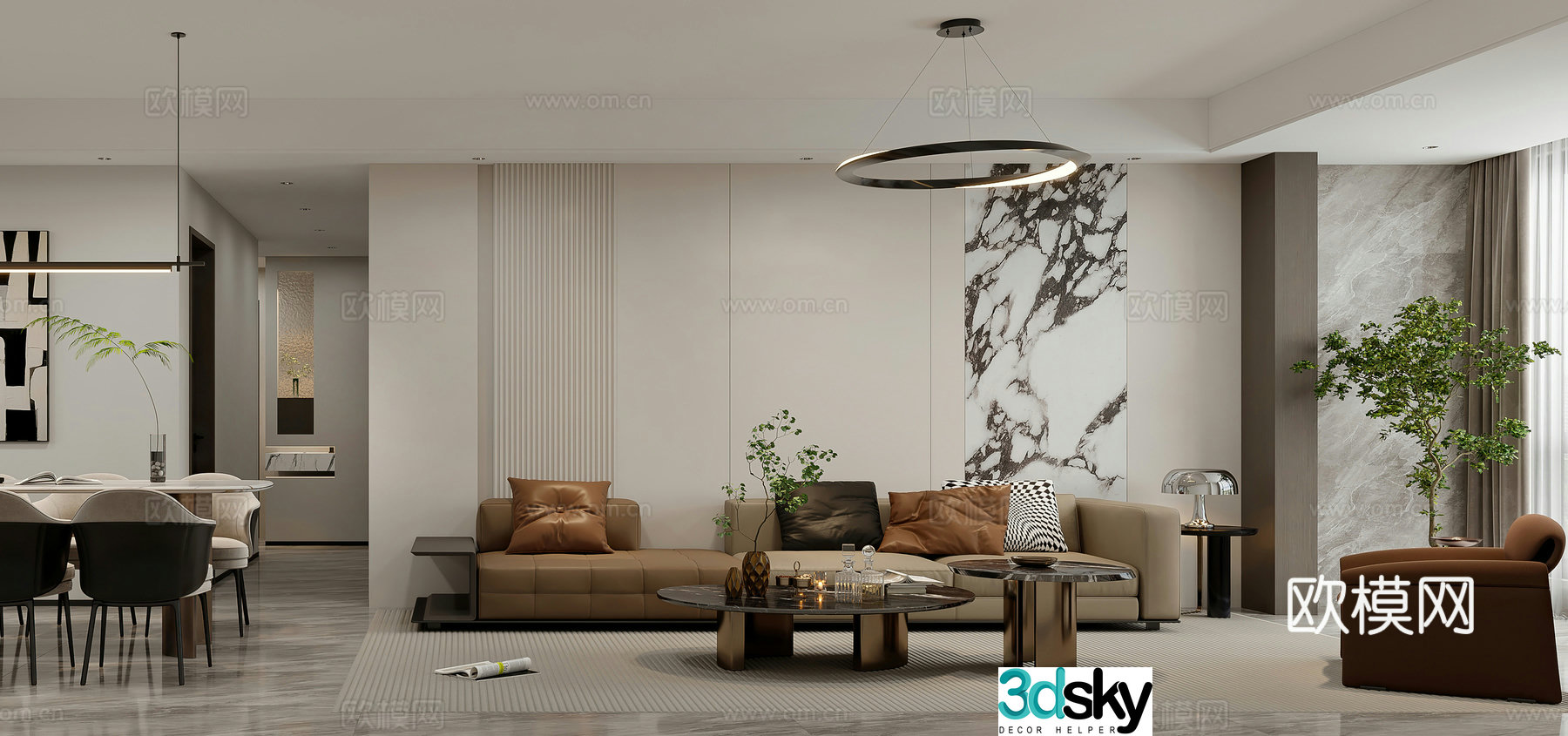 Modern living and dining room Combination sofa Modern living room Light luxury Italian bar Open kitchen 3D model