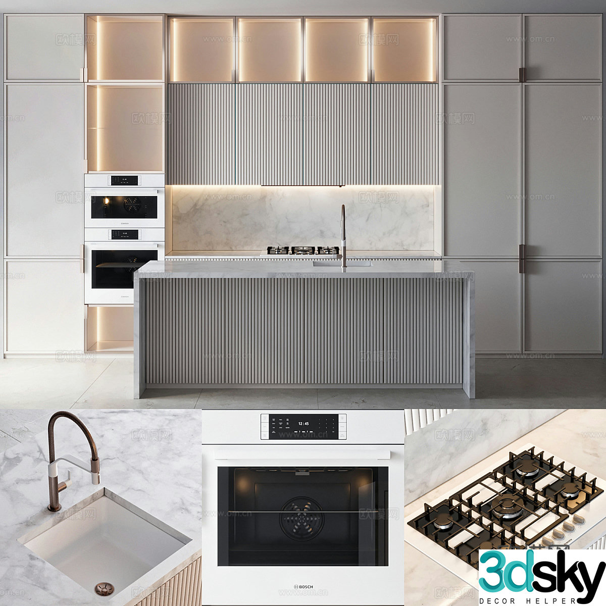 Open kitchen cabinets kitchen island kitchen utensils kitchen supplies stove oven water dragon 3d model