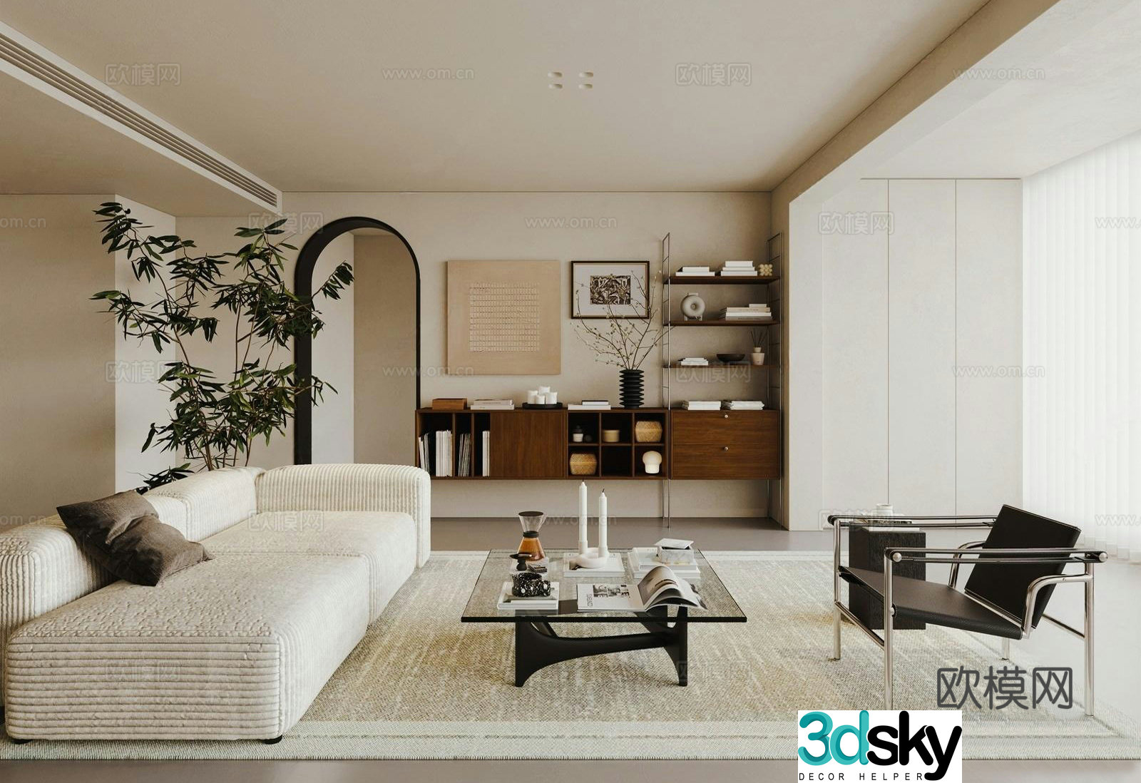 Modern medieval style living room_sofa coffee table_green plants_decorative ornaments_track bookshelf_open storage 3D model