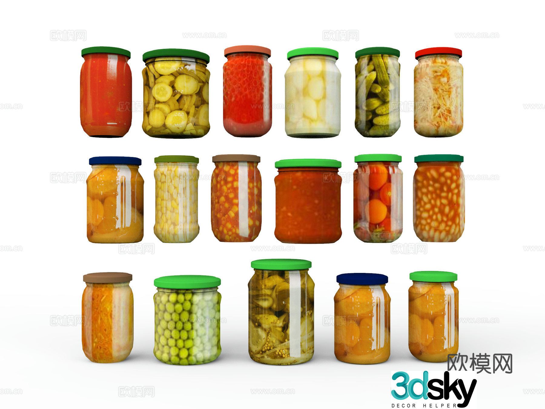 Canned bottles pickled vegetables 3d model