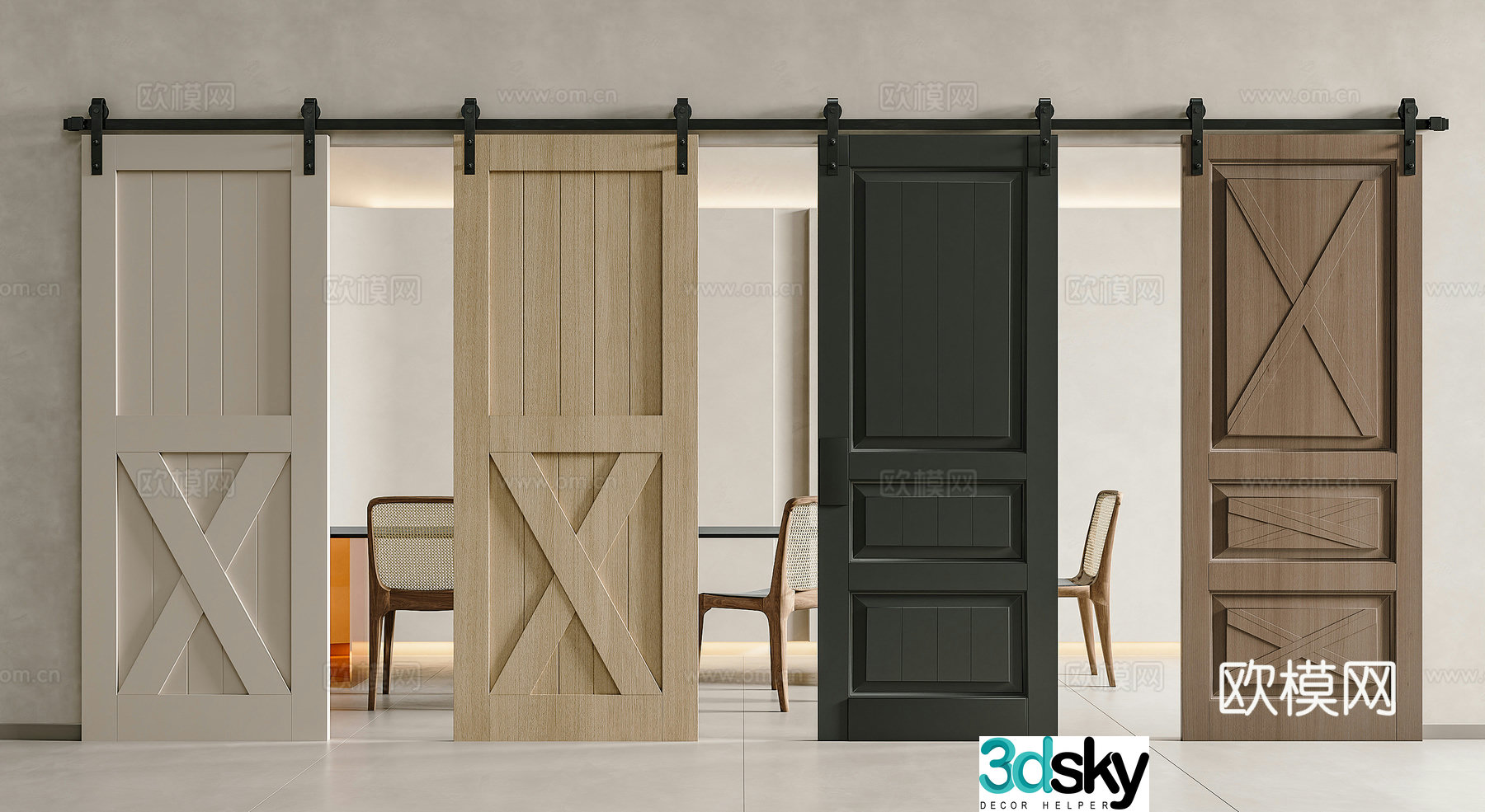 Middle Ages wasabi sliding door barn door hanging rail door slide rail door kitchen barn door sliding door 3d model