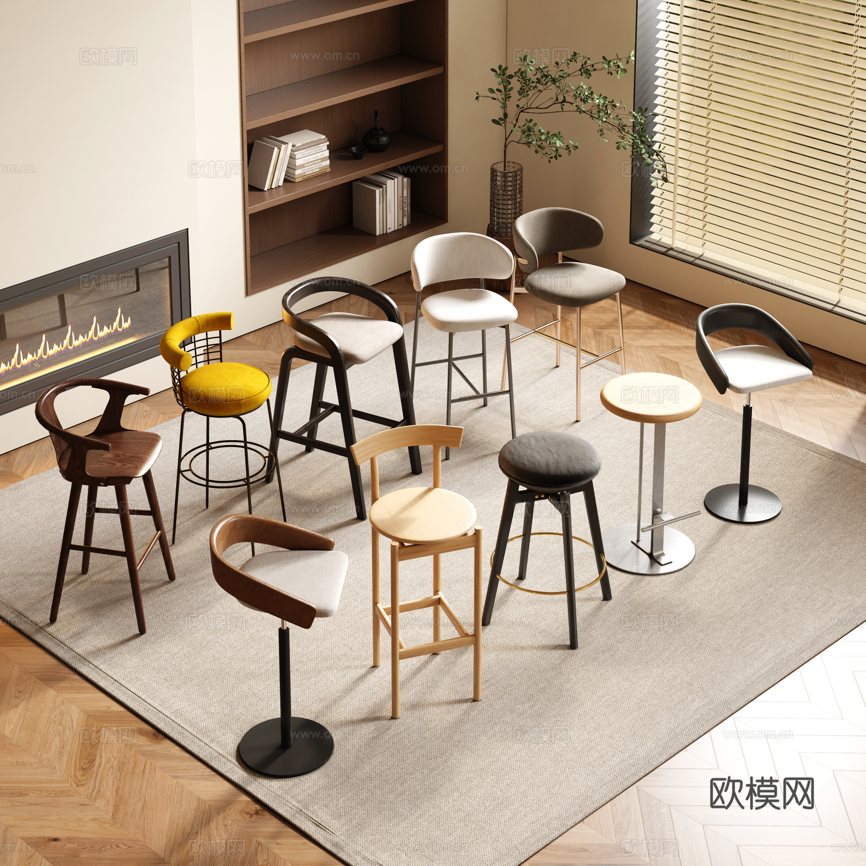 Modern simple bar chair leather chair stainless steel chair wooden chair cloth chair modern bar chair combination 3D model