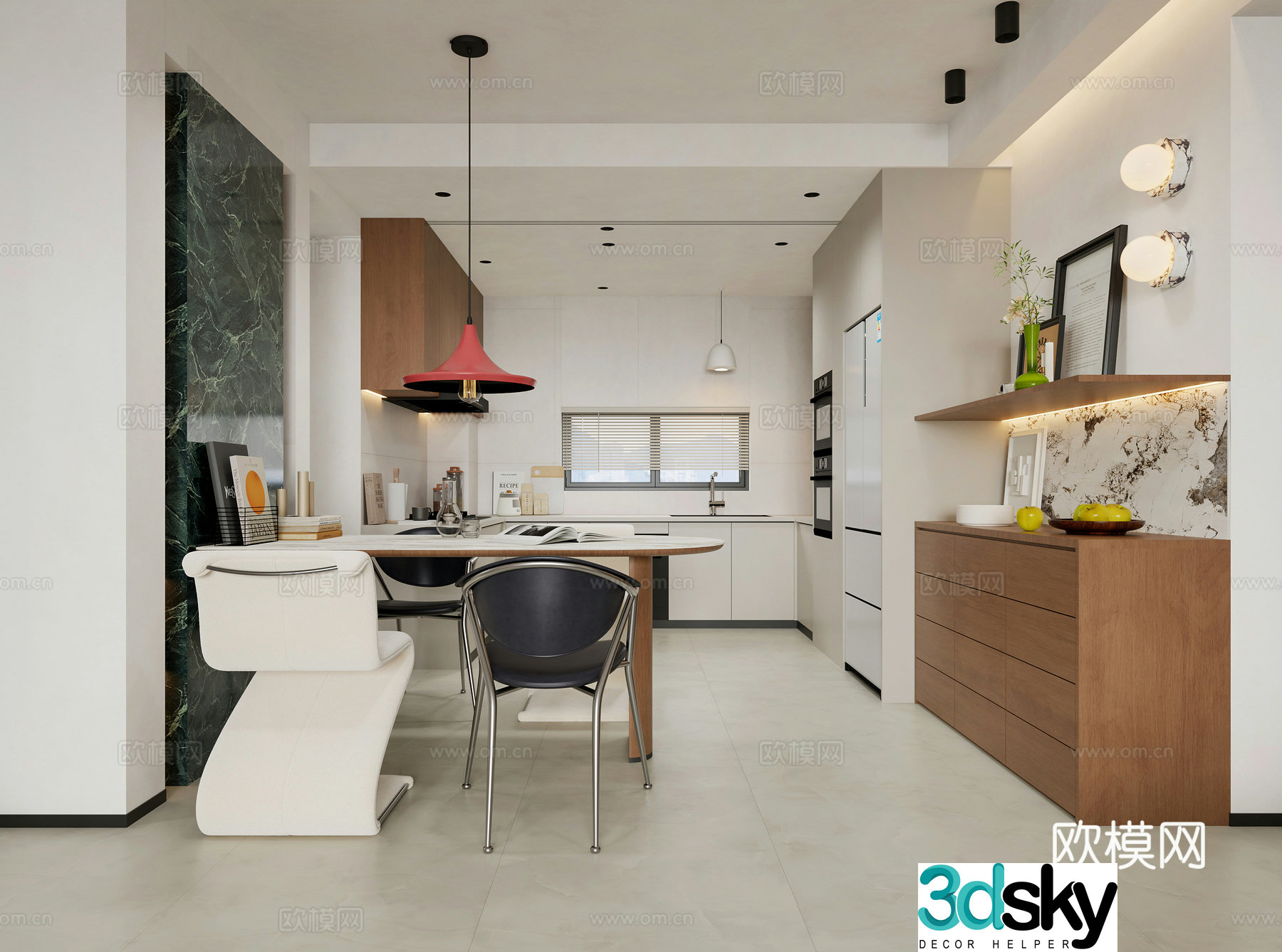 Modern restaurant Open kitchen Western kitchen Dining table Light luxury restaurant Simple chandelier Apartment 3d model