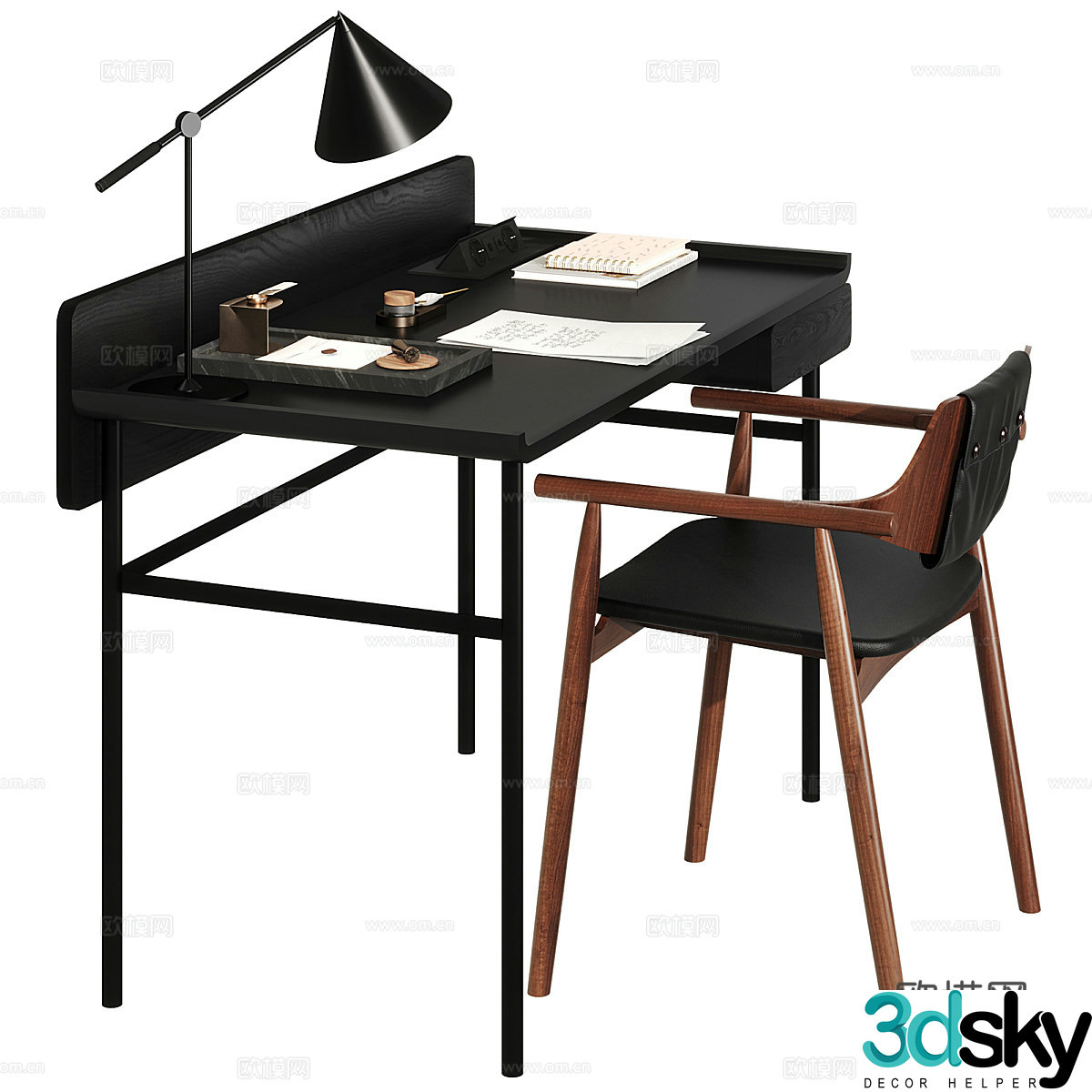 New Chinese style light luxury desk and chair 3D model