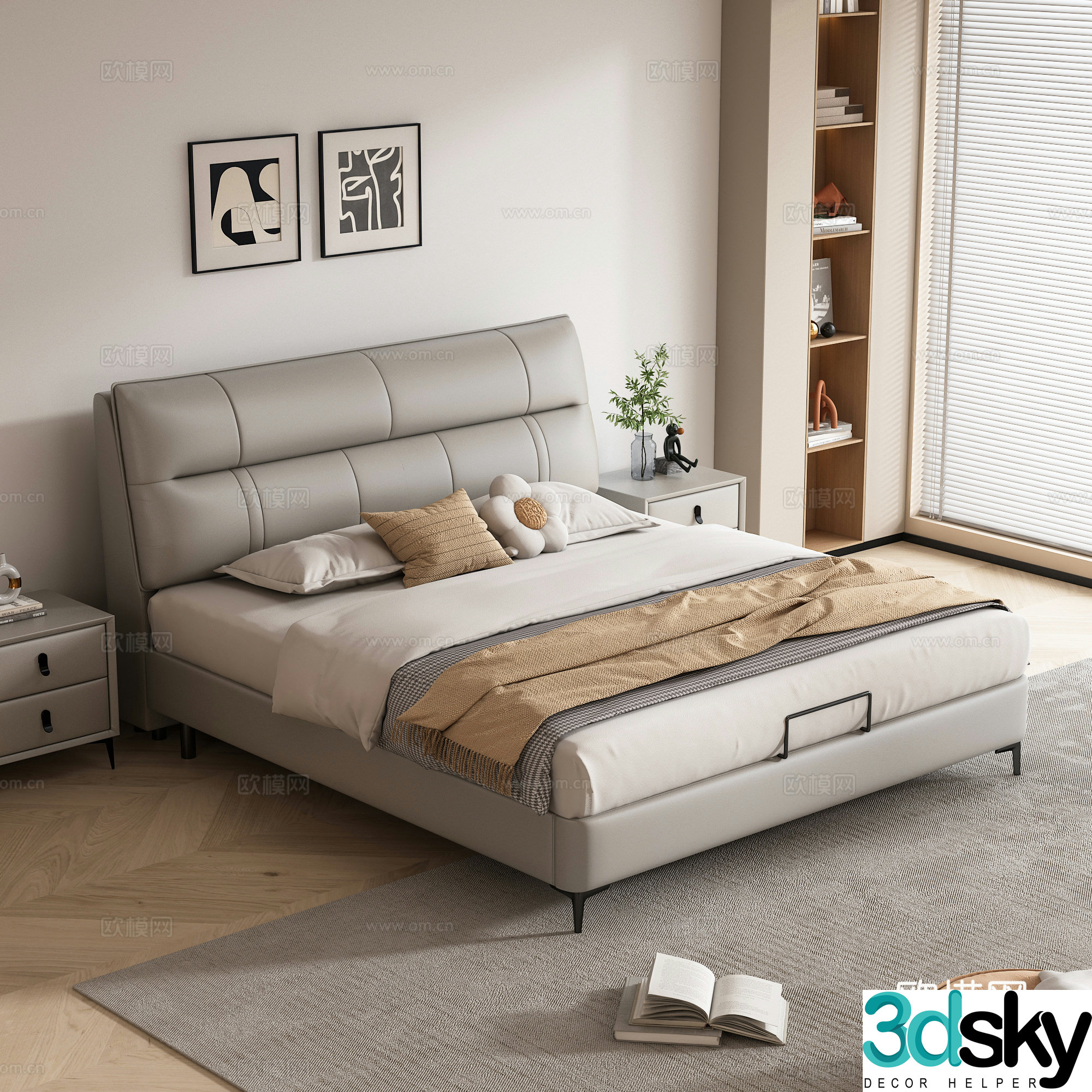 Double bed leather soft bag double bed light luxury master bedroom bed Italian minimalist leather bed bedroom 3d model