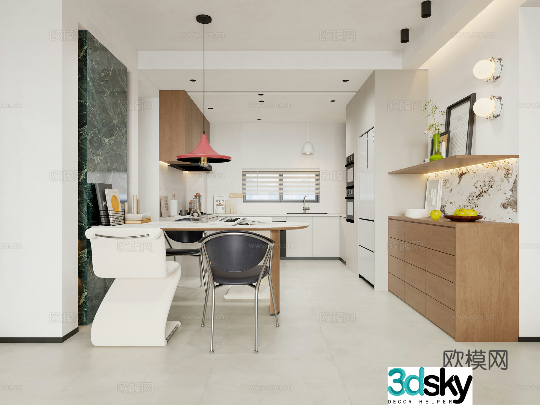 Modern minimalist open kitchen dining room 3d model