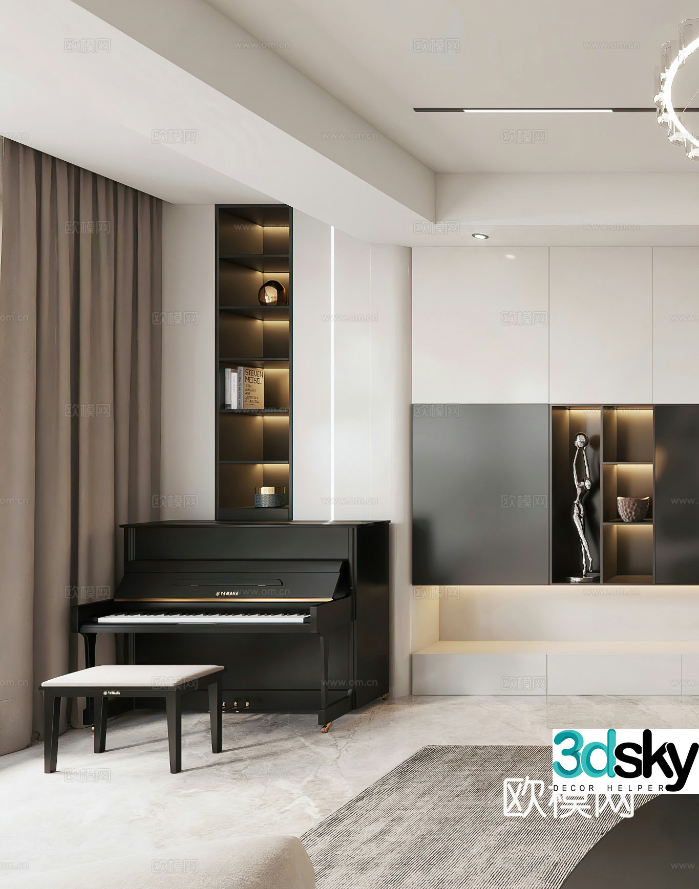 Modern study piano piano piano room simple bookcase ornaments decoration light luxury simple 3d model