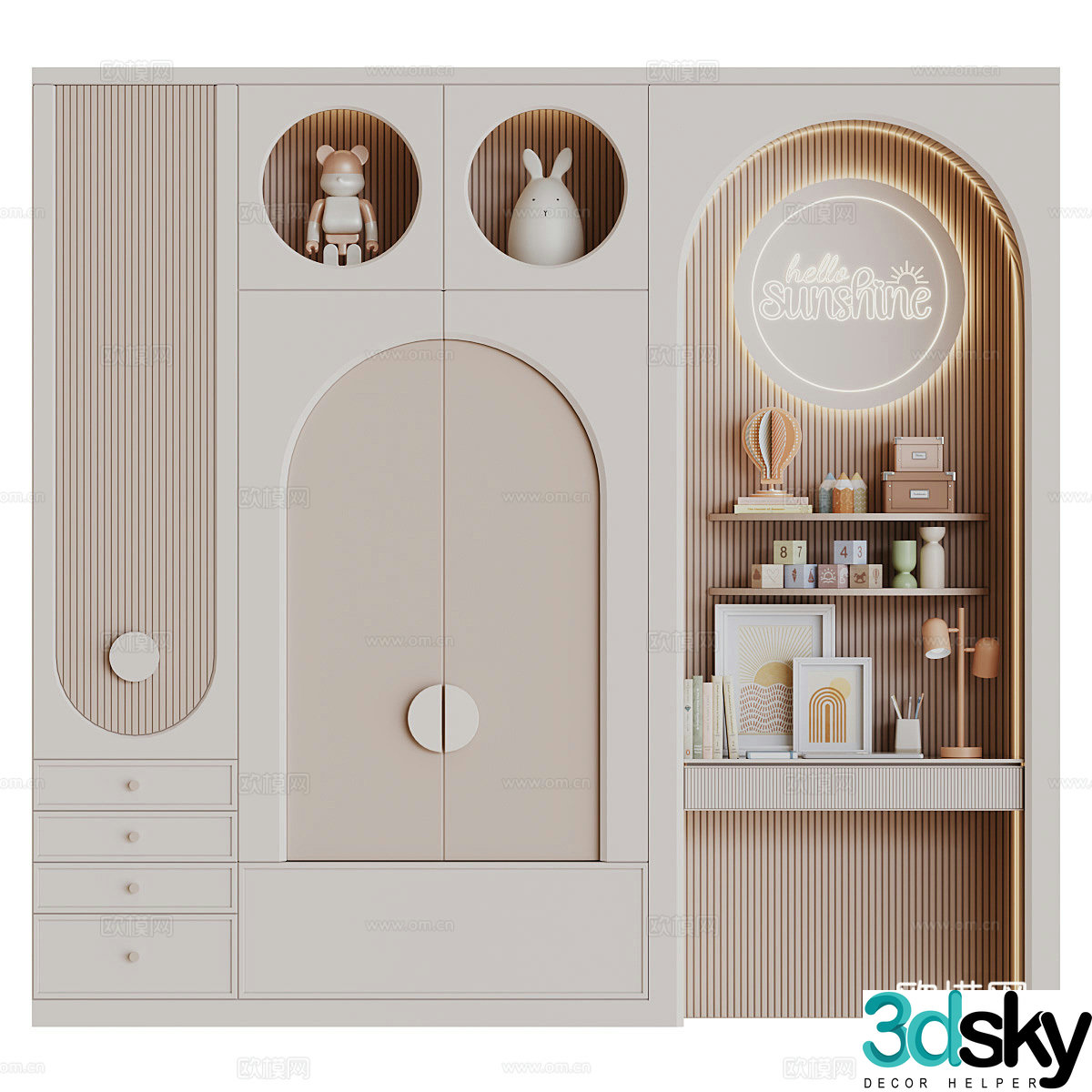 Modern cream style children’s wardrobe bookcase combination 3D model