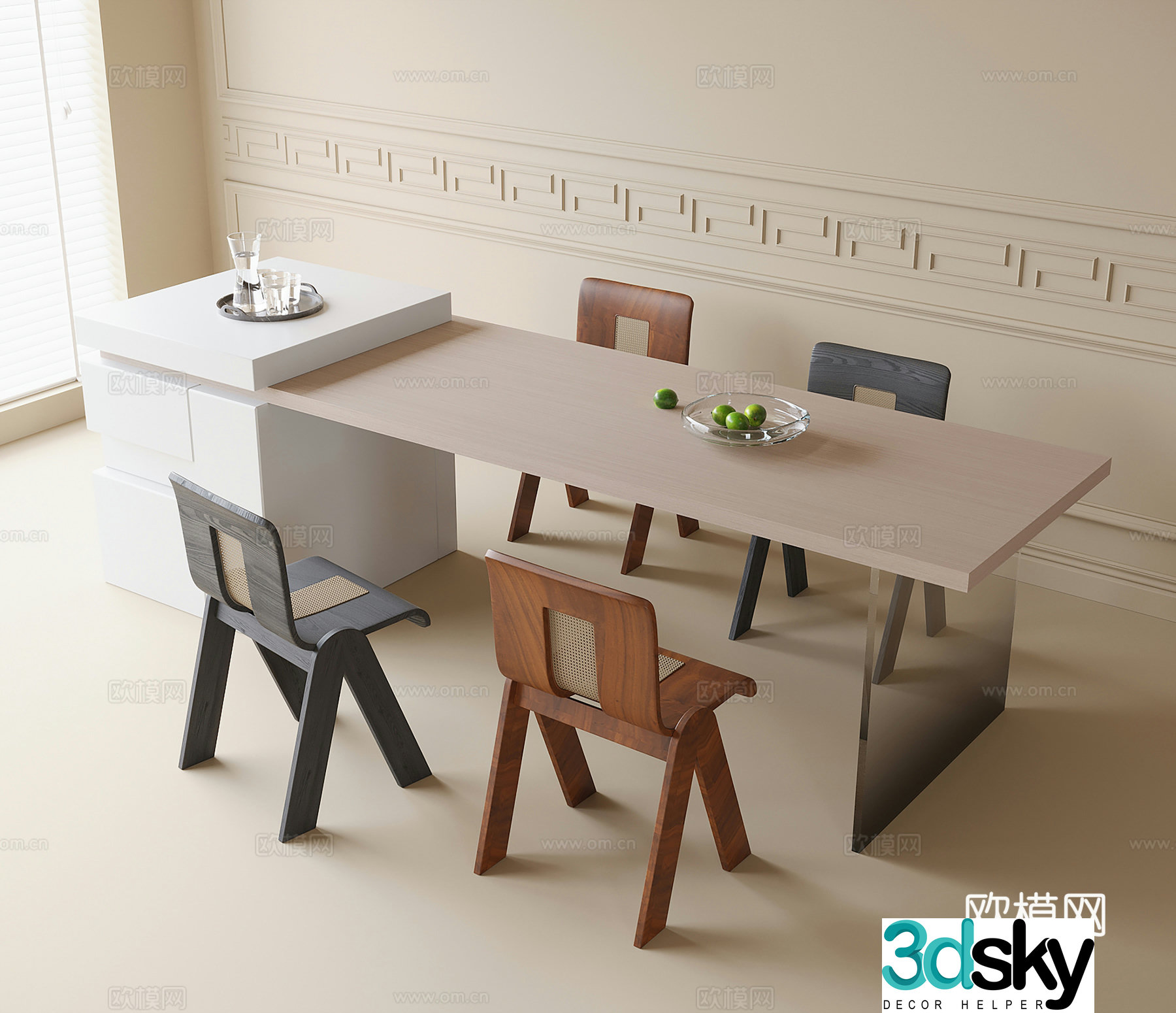 Modern dining table and chair combination island dining table single chair 3D model
