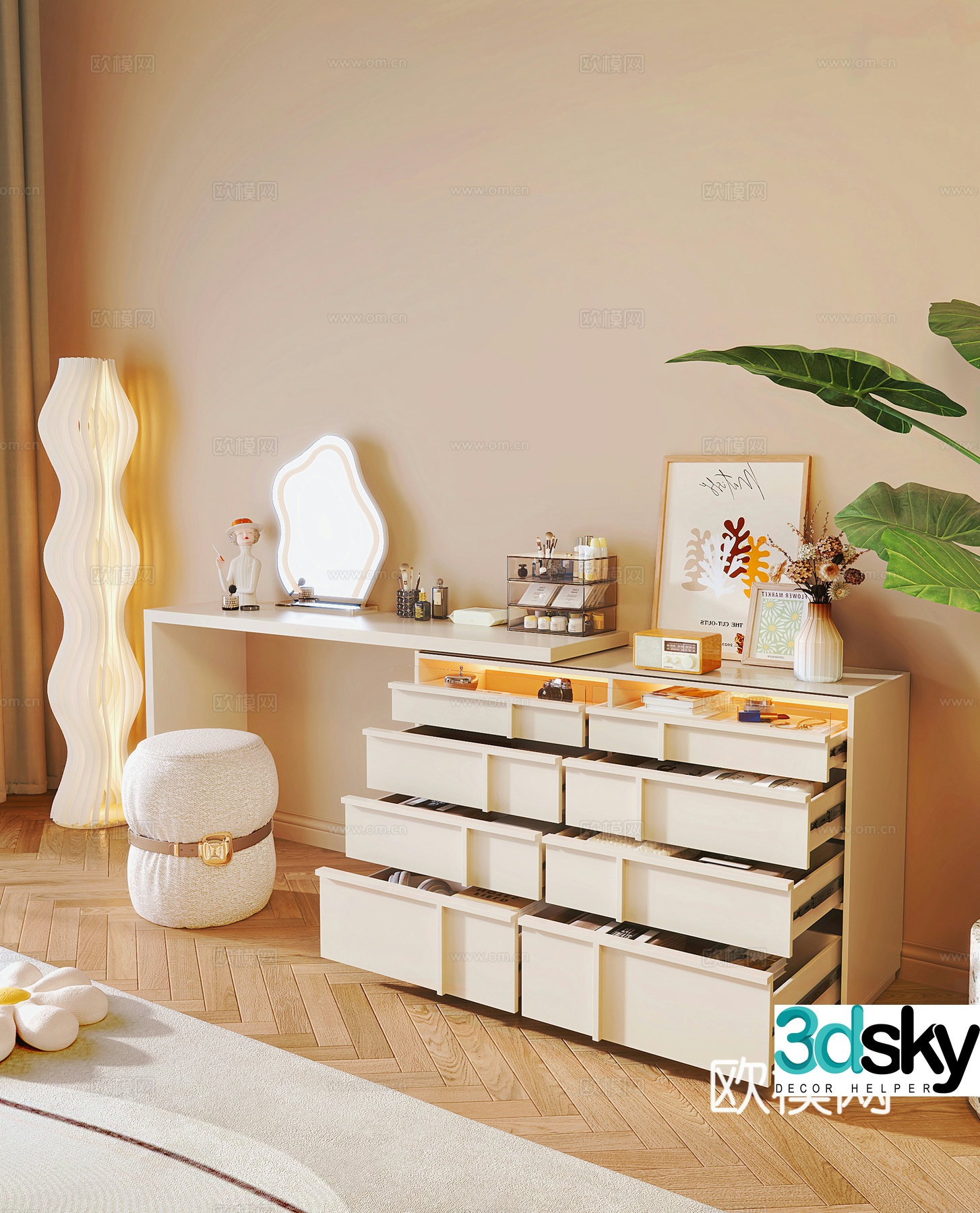 Modern cream dressing table cream style makeup cabinet makeup stool cosmetics combination cream style floor 3D model