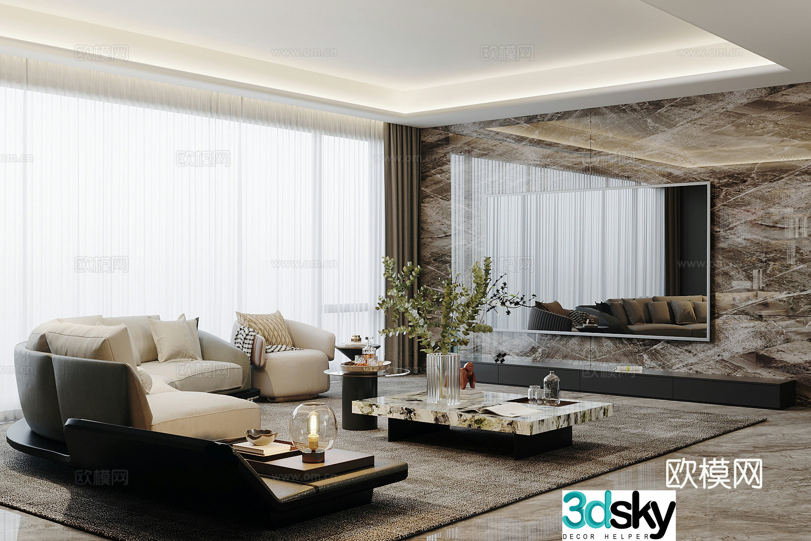 Light luxury Italian home living room high-end gray living room sofa and coffee table combination marble TV background wall 3D model