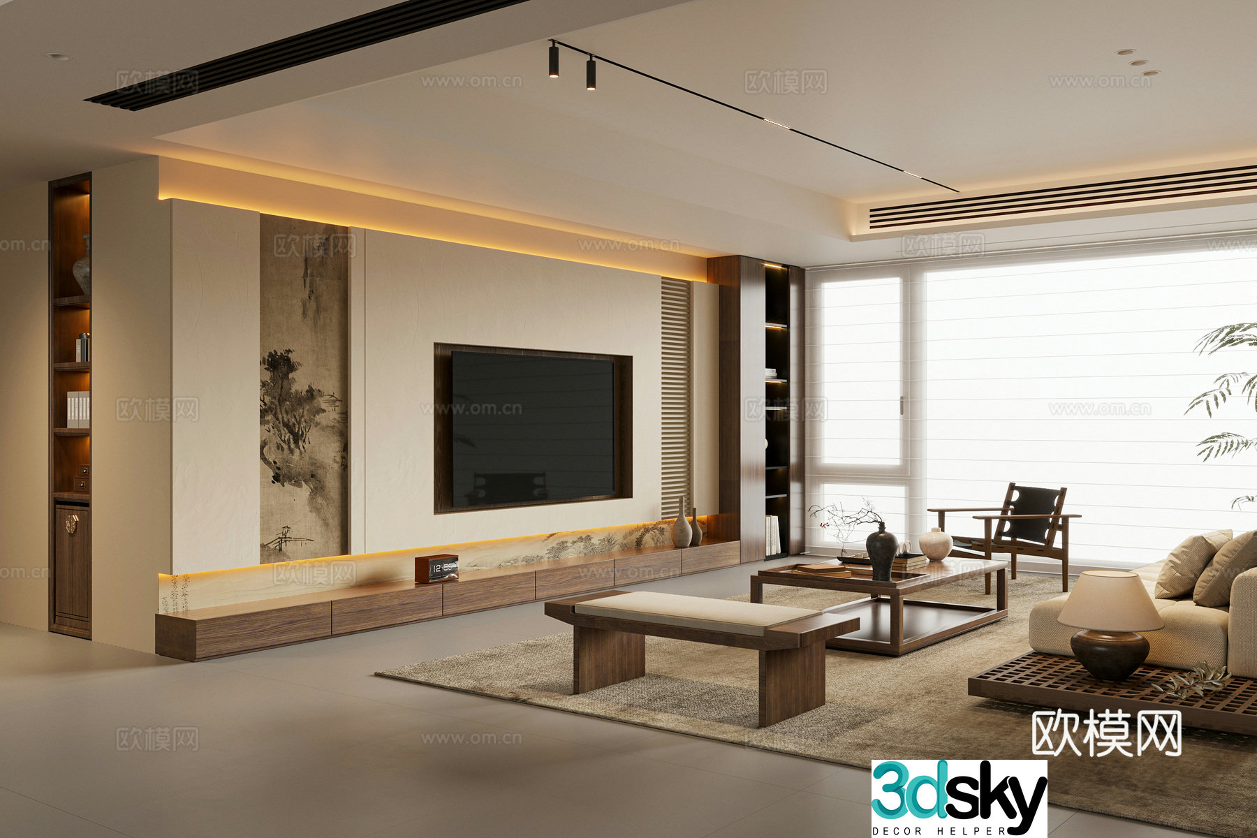 New Chinese style Chinese living room sofa coffee table combination TV cabinet sofa stool leisure chair Song style 3D model