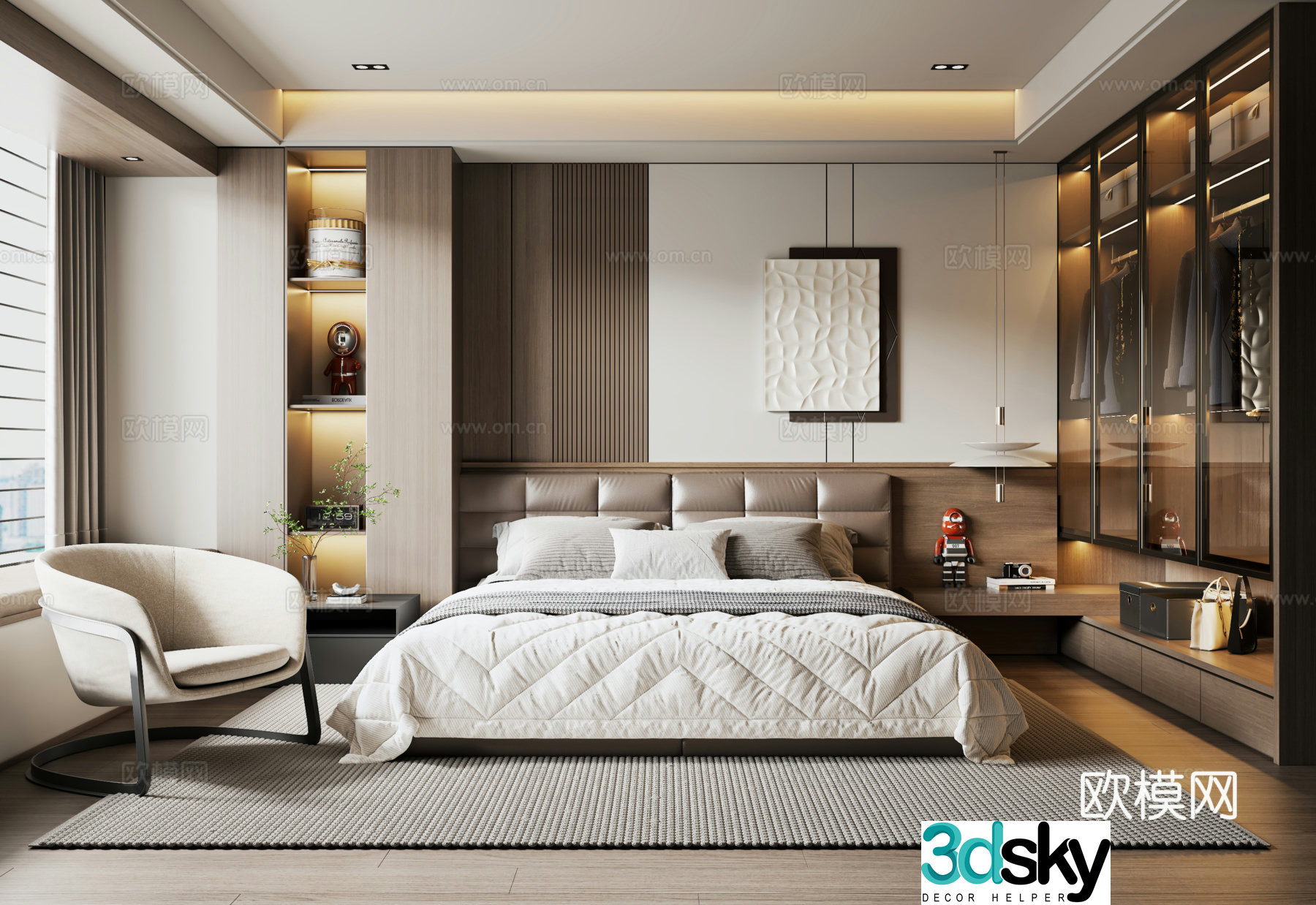 Modern Italian bedroom double bed leather bed wardrobe decorative cabinet bay window decorative painting lazy sand 3d model