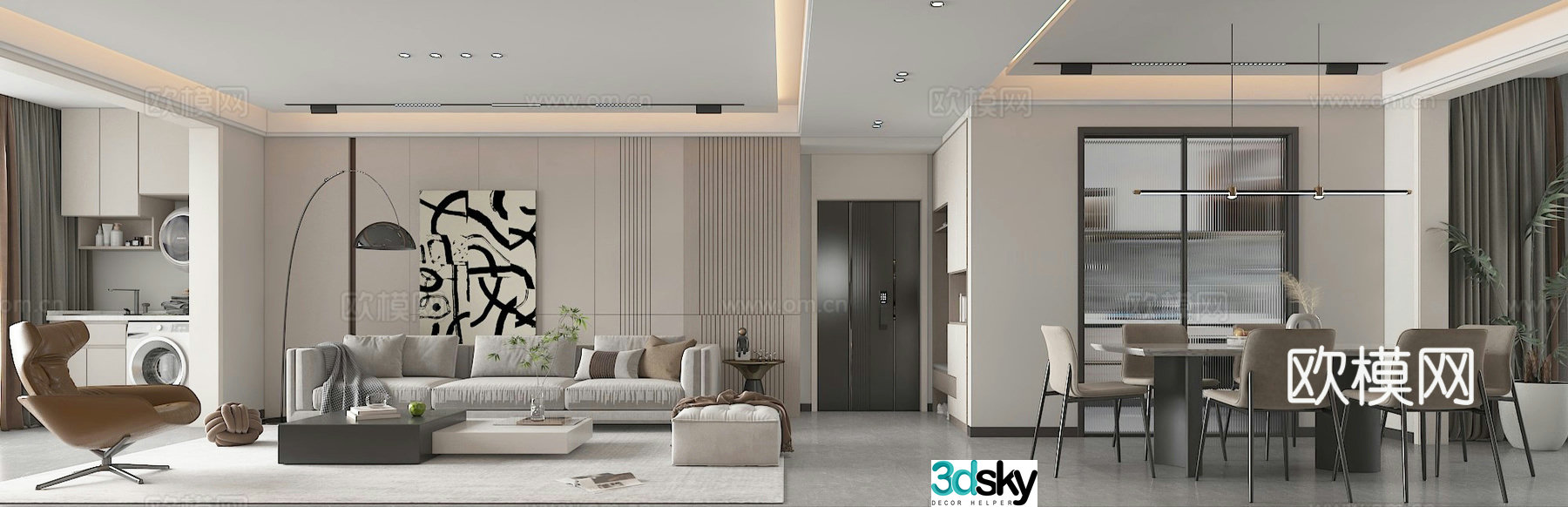 Modern living and dining room 3d model 3d model