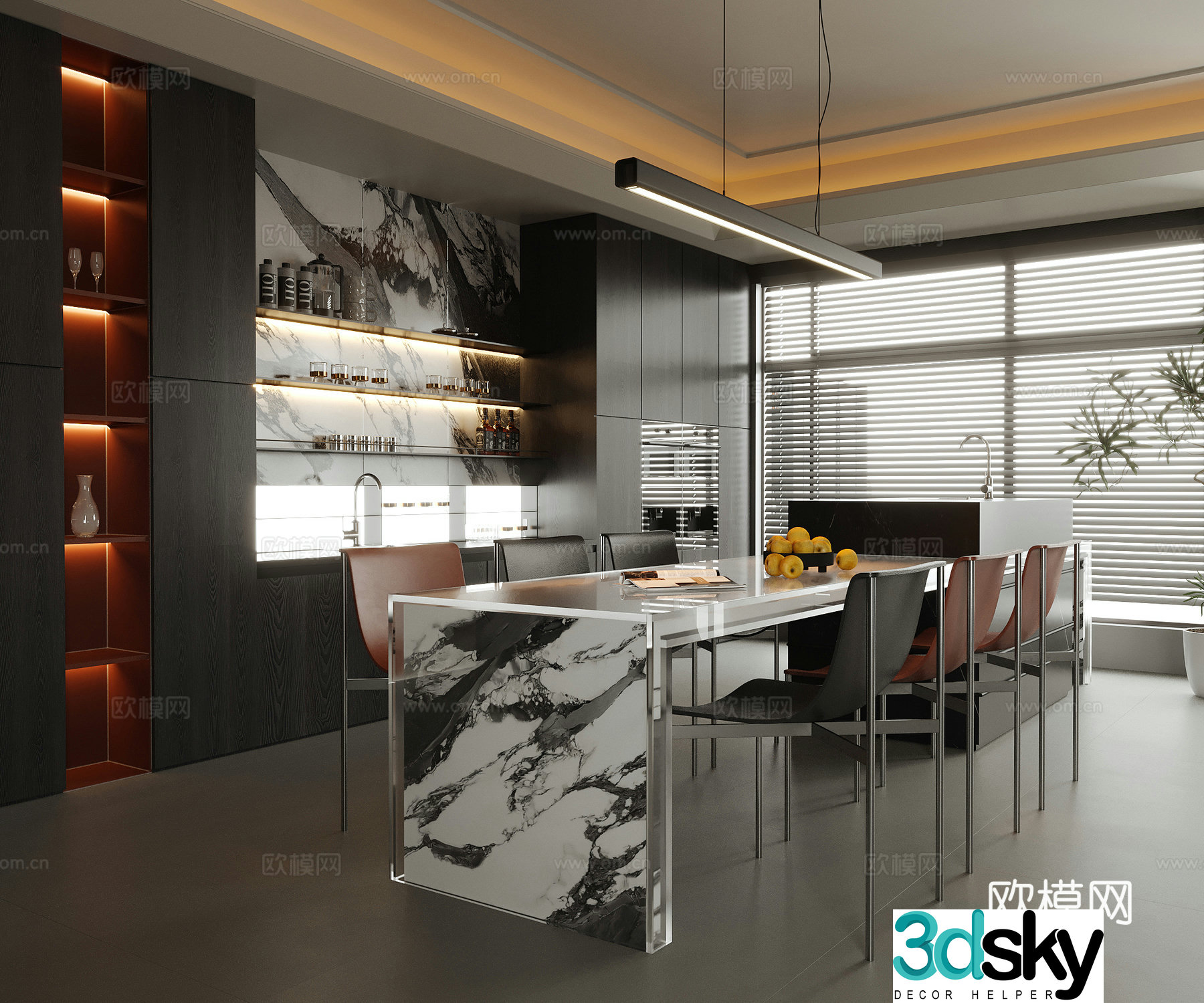 Modern restaurant sideboard island dining table dining chair 3d model