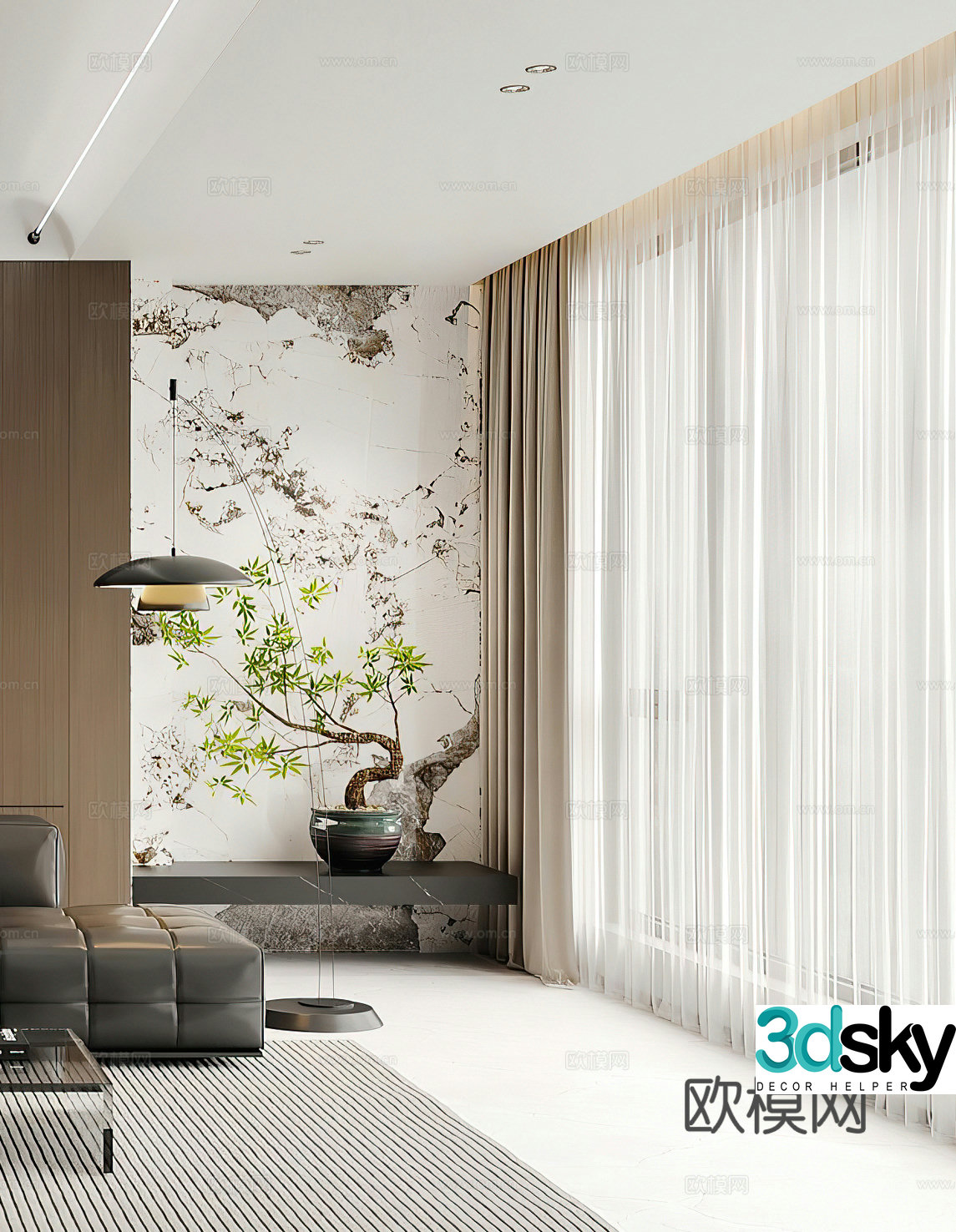 New Chinese style entrance hall opposite wall potted plant end viewing platform floor lamp decorative wall ornament decorative 3D model