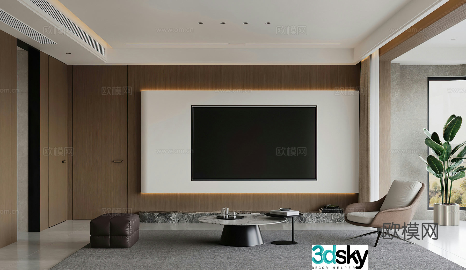 Modern living room TV background wall Light luxury leisure chair Potted modern living and dining Italian 3D model