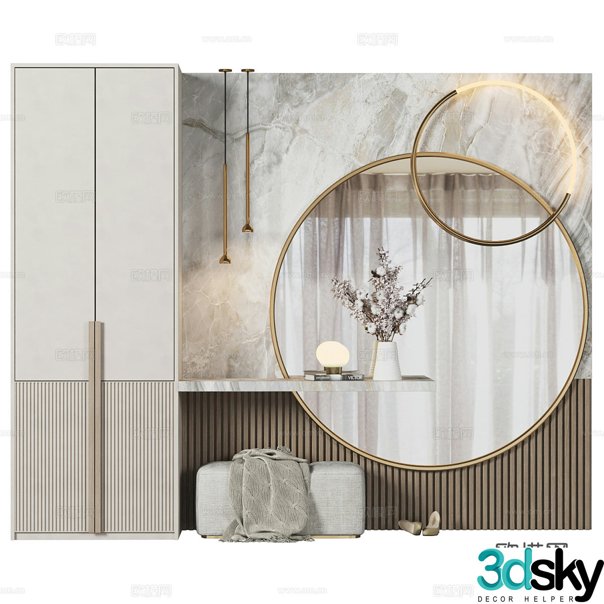 Integrated cabinet wardrobe shoe cabinet shoe changing stool dressing stool home mirror dressing mirror grille background 3D model