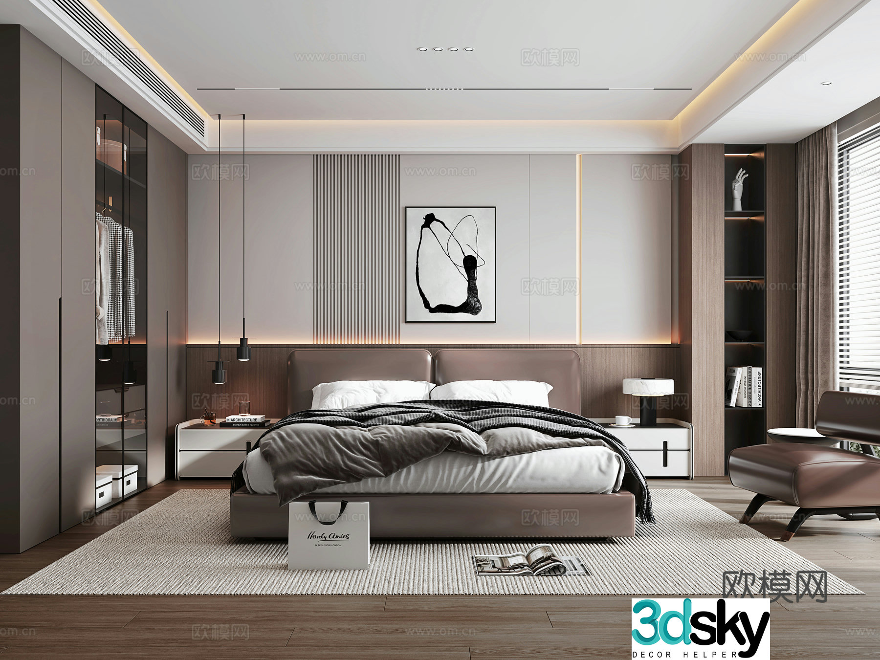 Italian light luxury bedroom leather double bed bedside table wardrobe bedside chandeliers leisure chair 3D model