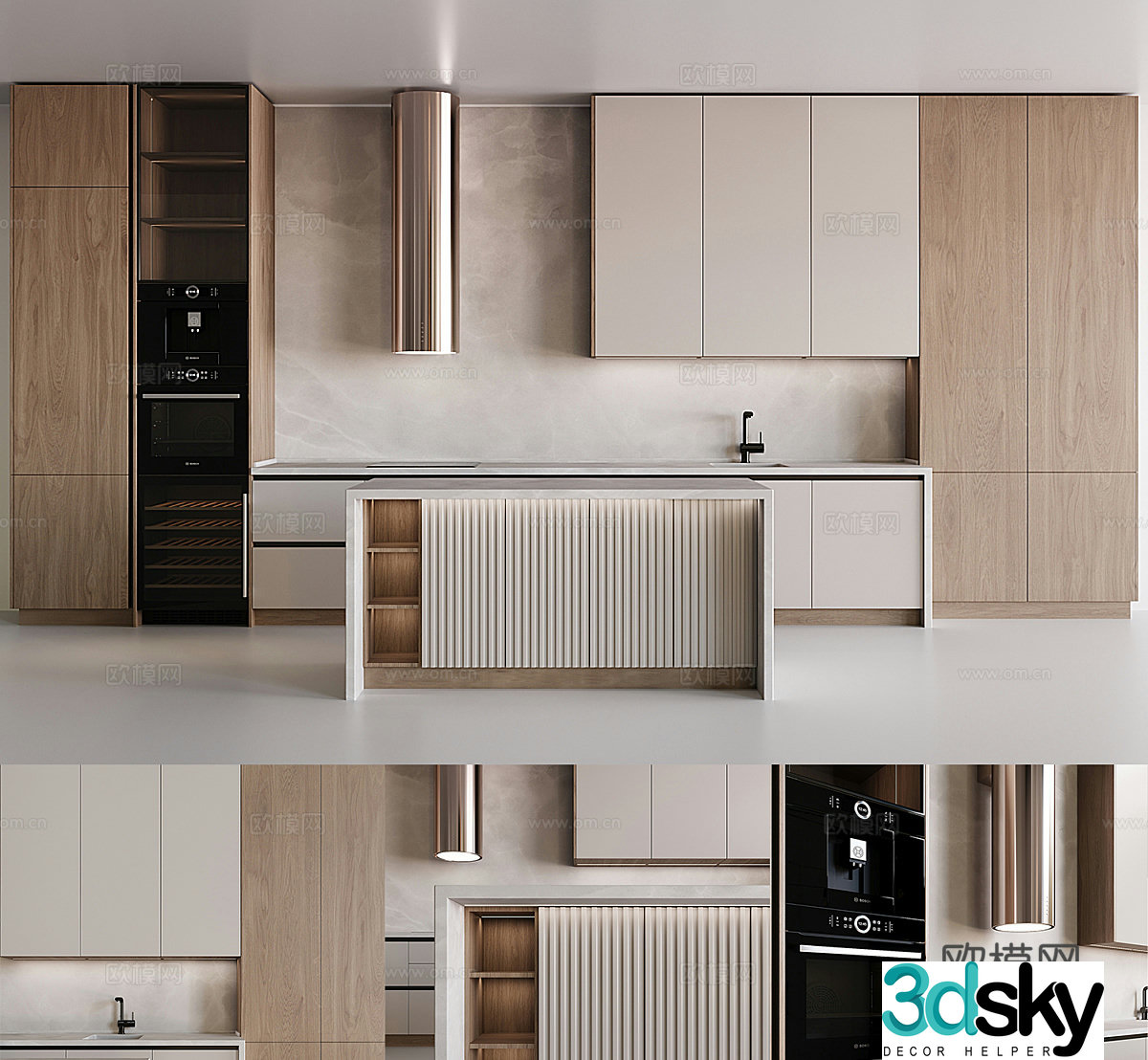 Open kitchen cabinets kitchen island kitchen utensils kitchen supplies stove oven water dragon 3d model