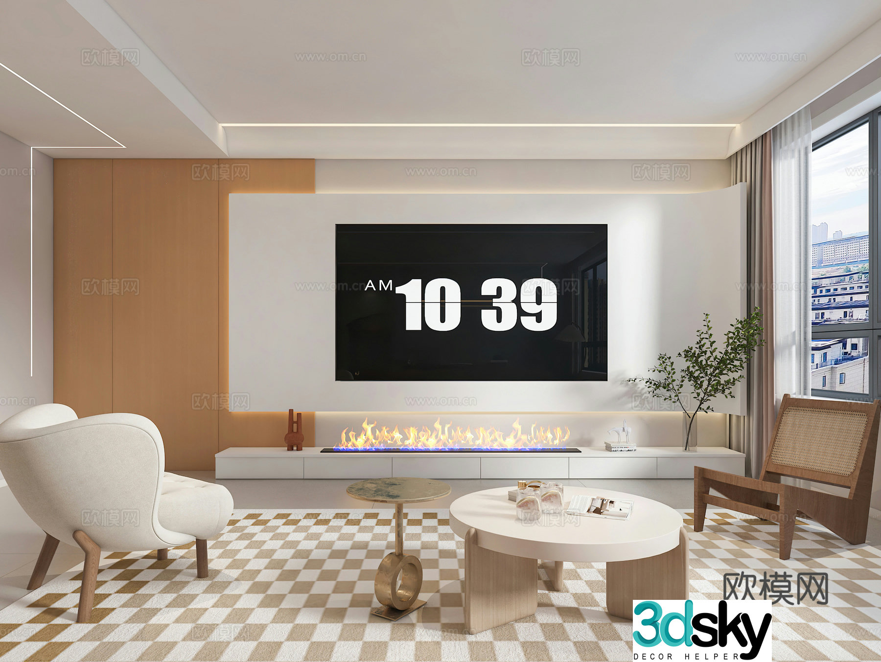 Modern living room TV background wall fireplace Nordic living room modern living dining lounge chair 3d model