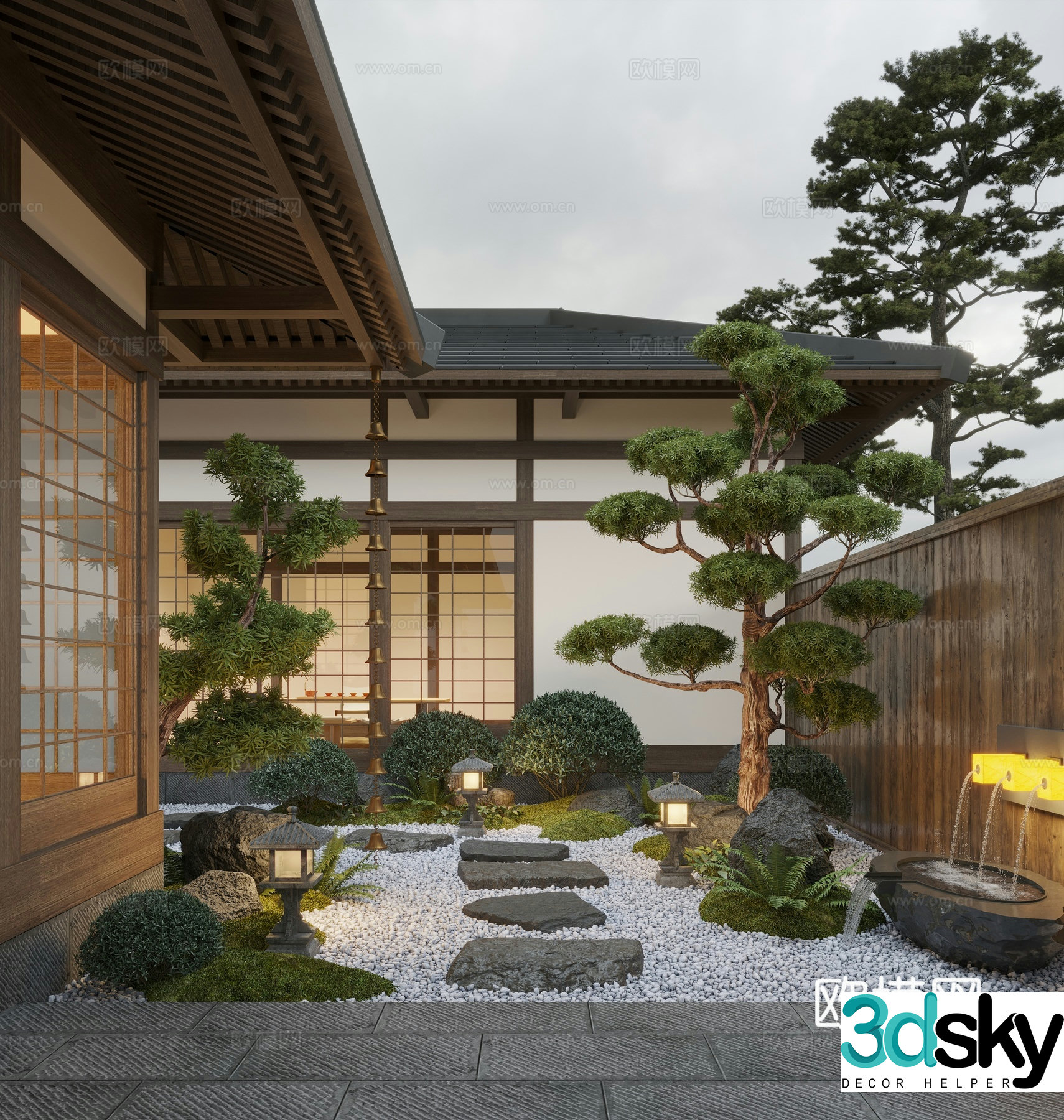 New Chinese style courtyard landscape Zen courtyard dry landscape landscape landscape stone moss 3d model