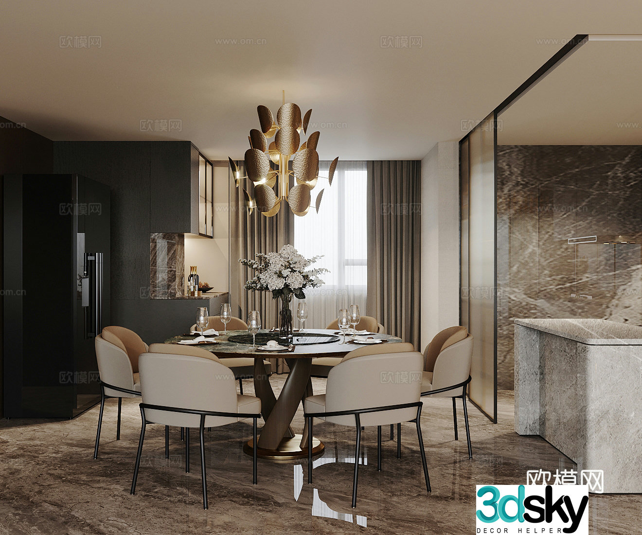 Light luxury Italian round table restaurant Marble restaurant Open restaurant Italian dining chair cloth chair Dining table 3D model