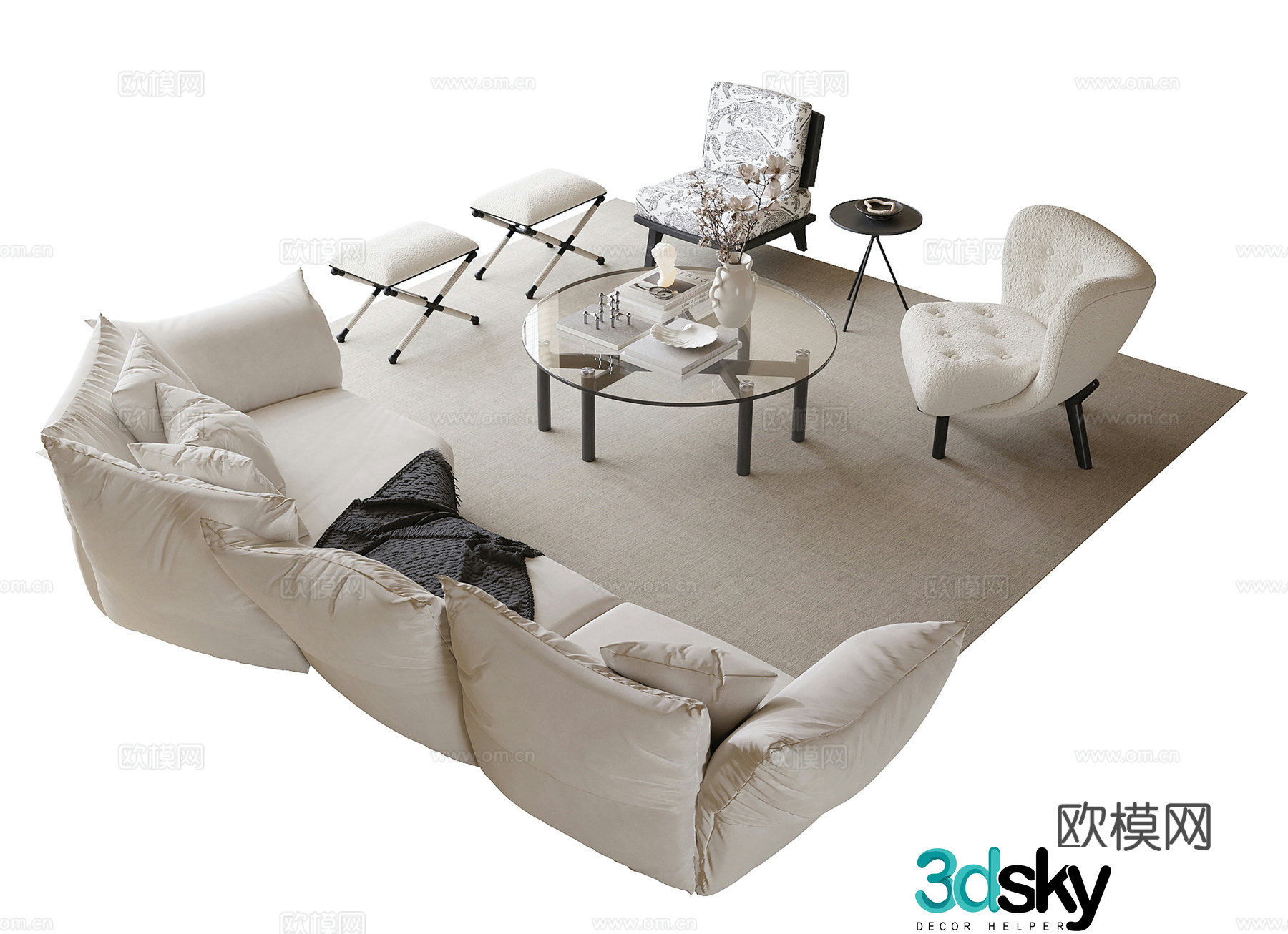 French sofa coffee table combination round coffee table petal sofa single sofa 3D model