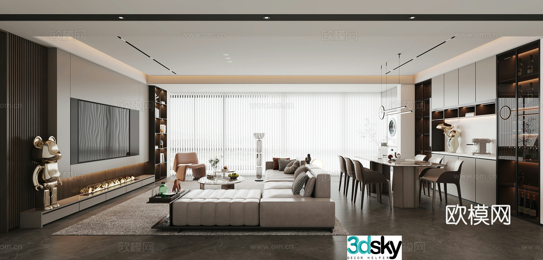 Italian restaurant sofa coffee table combination horizontal hall TV background wall wine cabinet lamp 3d model