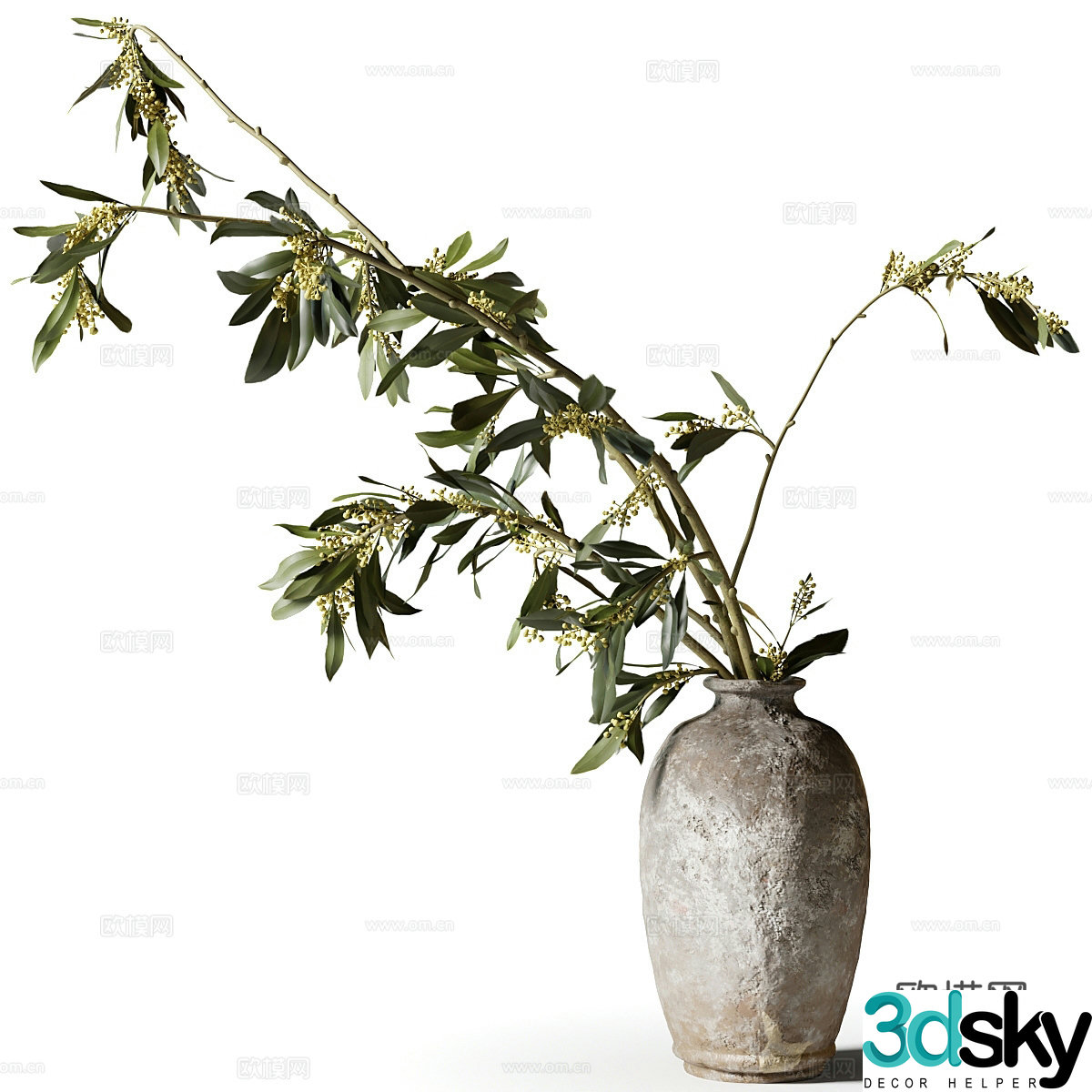 New Chinese style Eucalyptus 3D model in clay vase