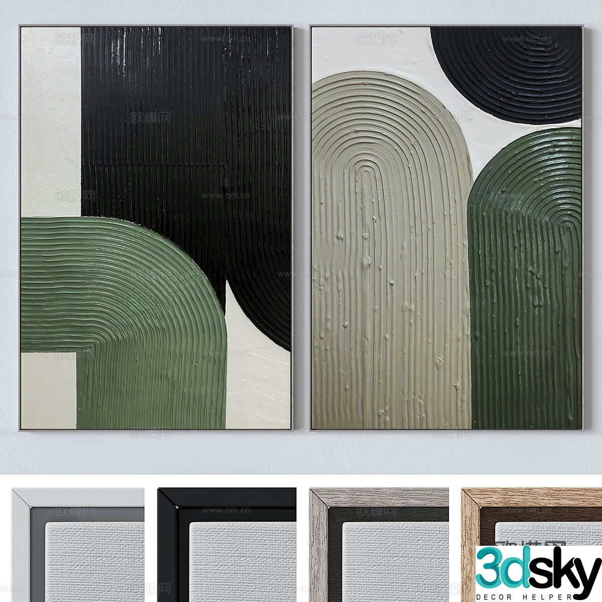 Modern gray green abstract pattern hanging painting combination 3d model