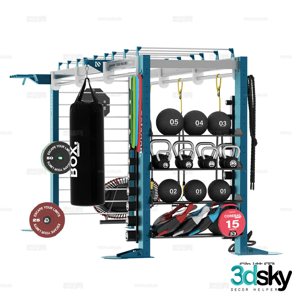 Modern fitness equipment set 3d model