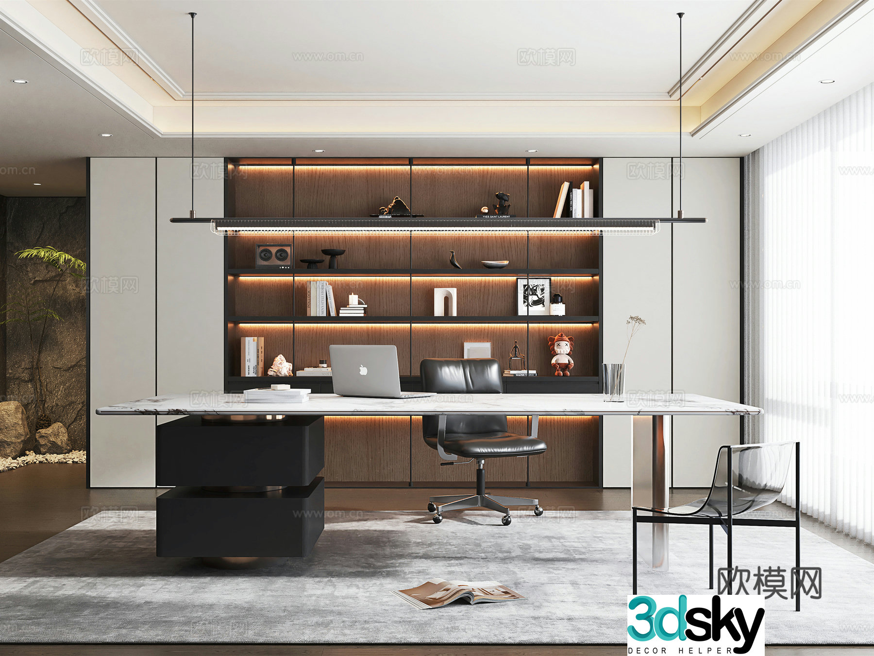Modern style study bookcase desk computer chair leisure chair book ornament 3d model