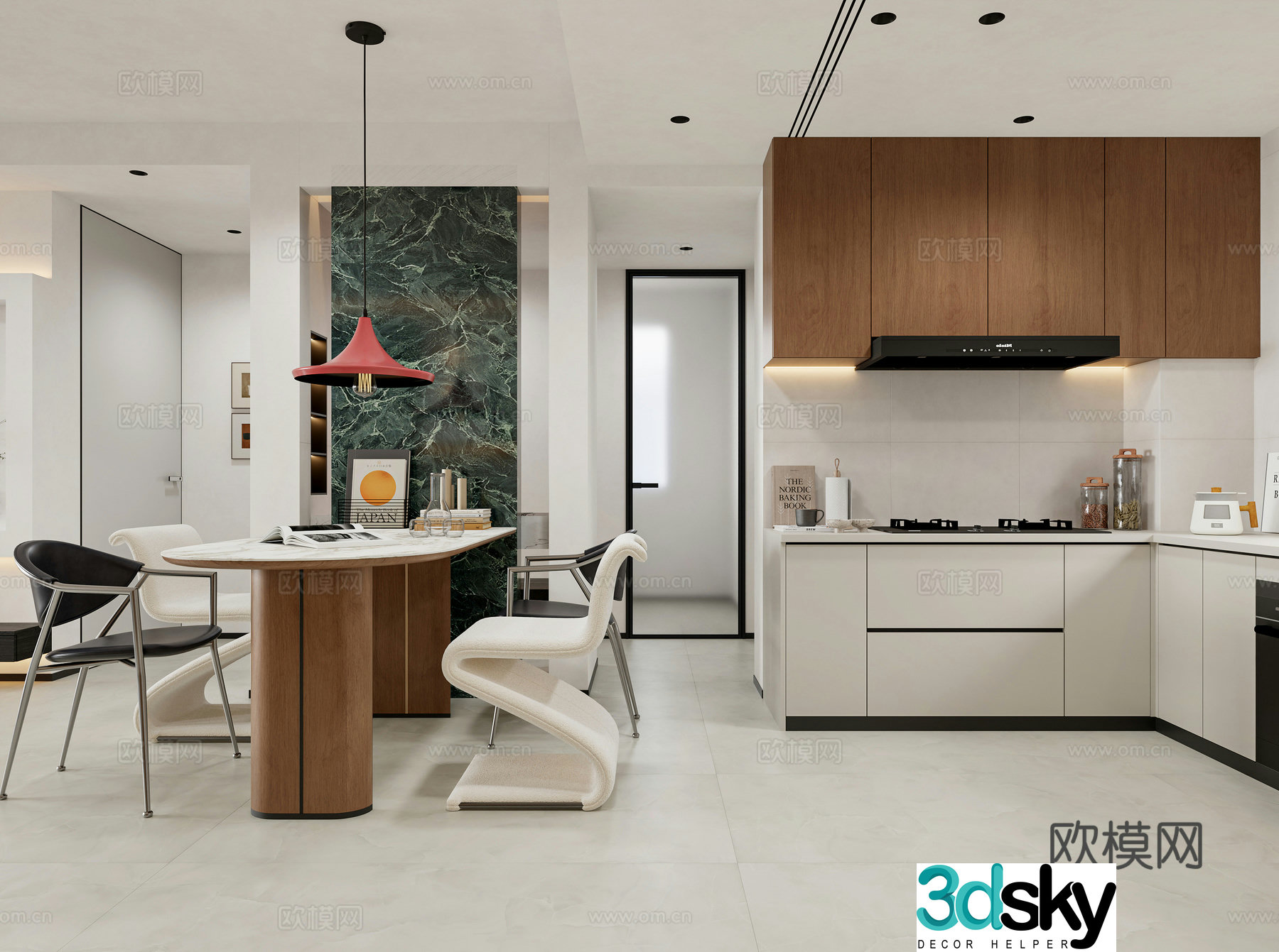 Modern restaurant Open kitchen Western kitchen Dining table Light luxury restaurant Simple chandelier Apartment 3d model