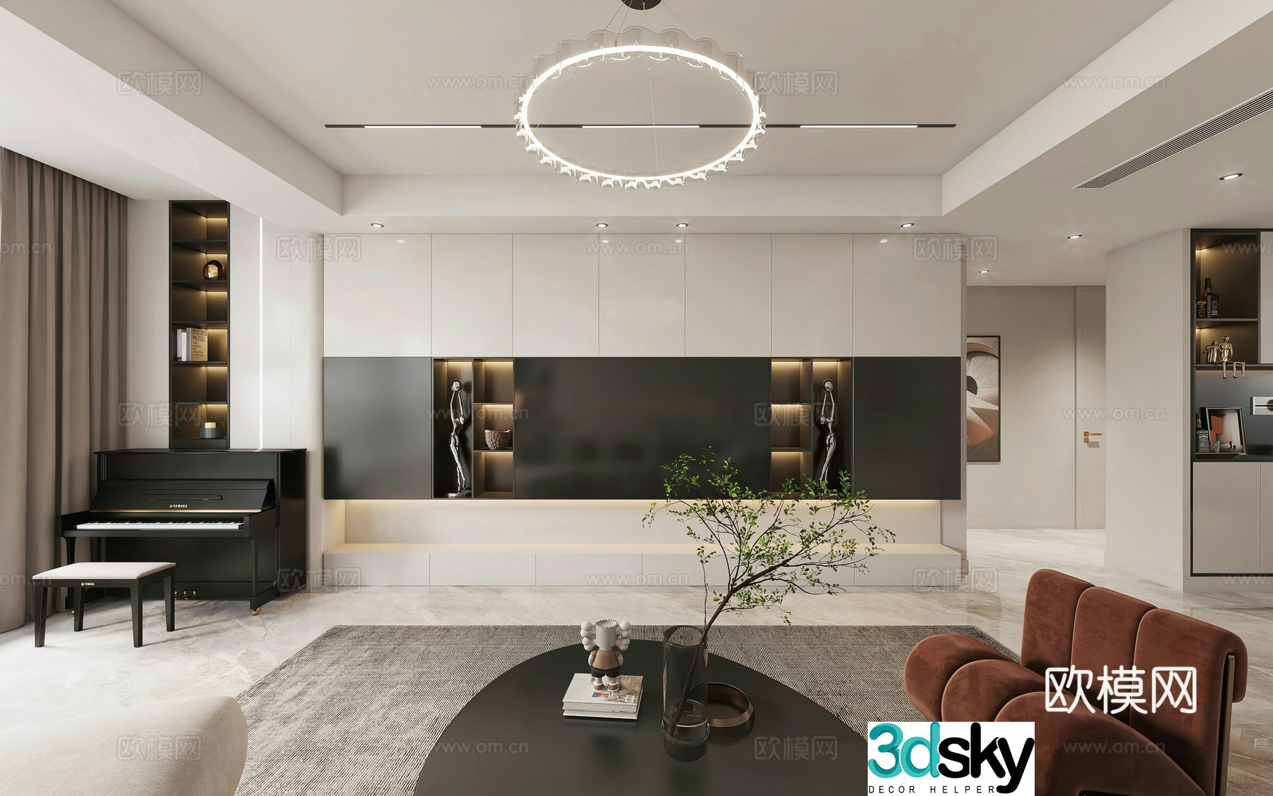 Modern TV background wall TV cabinet piano study light luxury modern living room living dining room 3d model