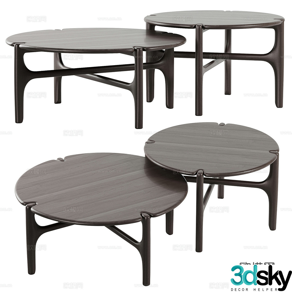 Modern Italian solid wood round coffee table combination 3D model