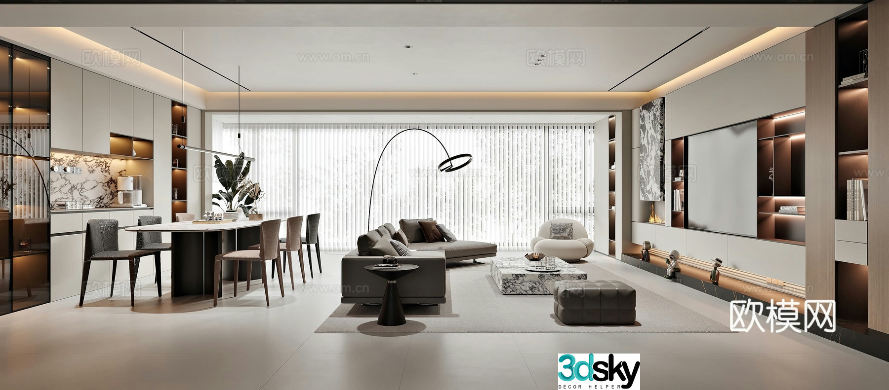 Modern living and dining room 3d model