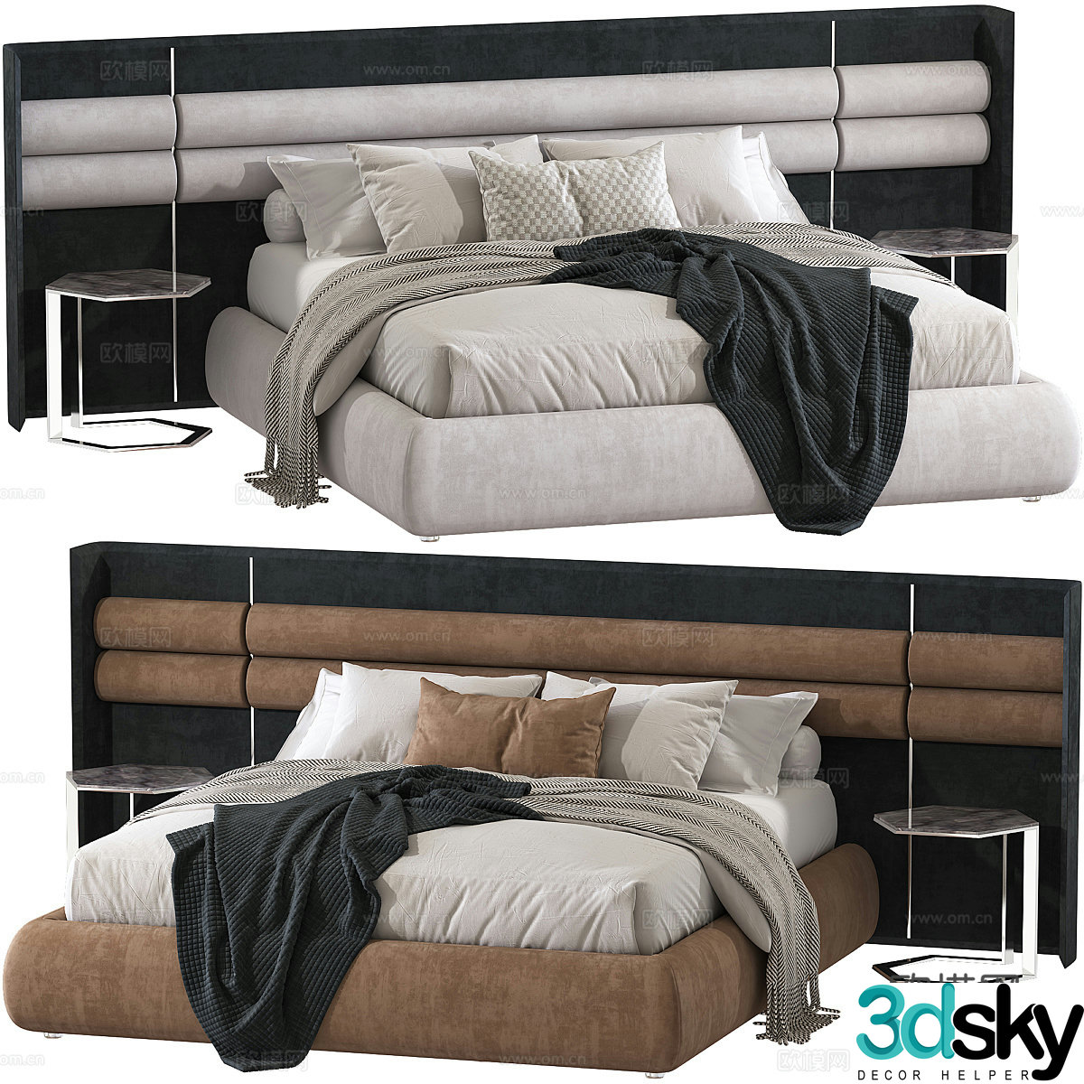 Fabric double bed backrest bed bedding tofu block double bed bedside table 3D model