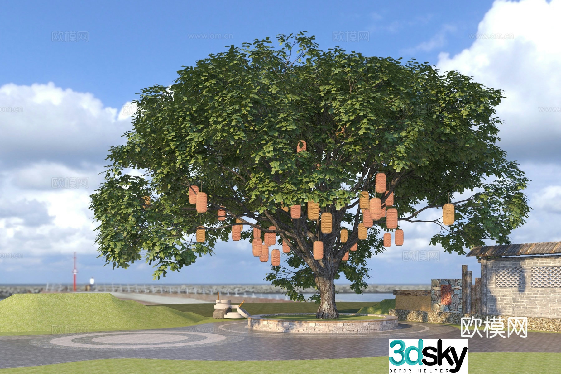 Chinese style ancient tree park square 3d model