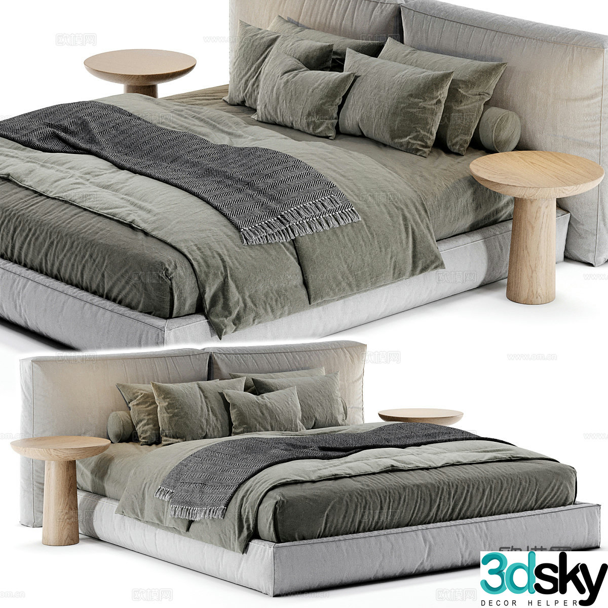 Simple double bed fabric double bed solid wood bed side bedding products tofu block double bed folk 3D model
