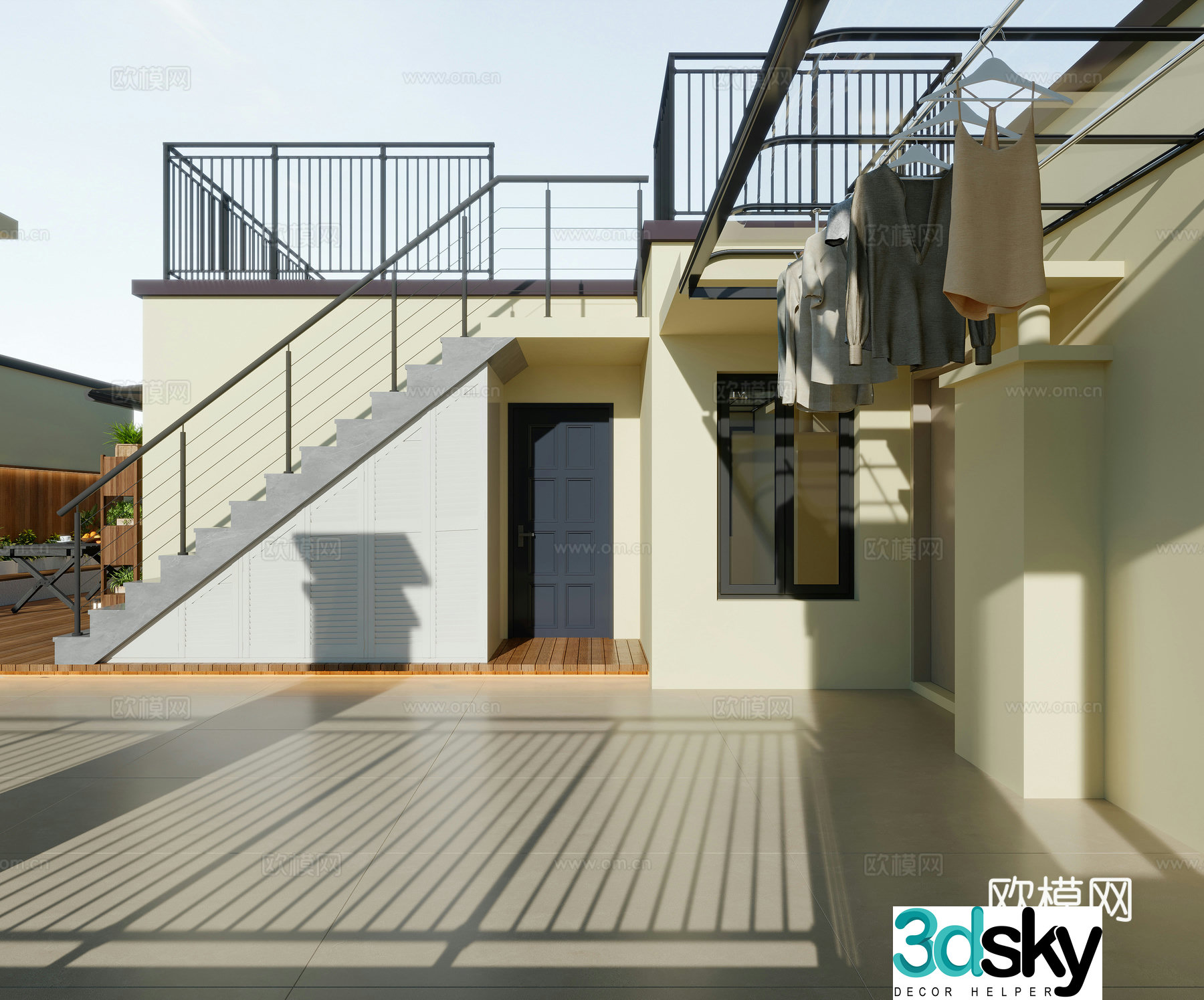 Modern roof stairs clothes hangers rooftops potted plants awnings flowers plants trees 3D models