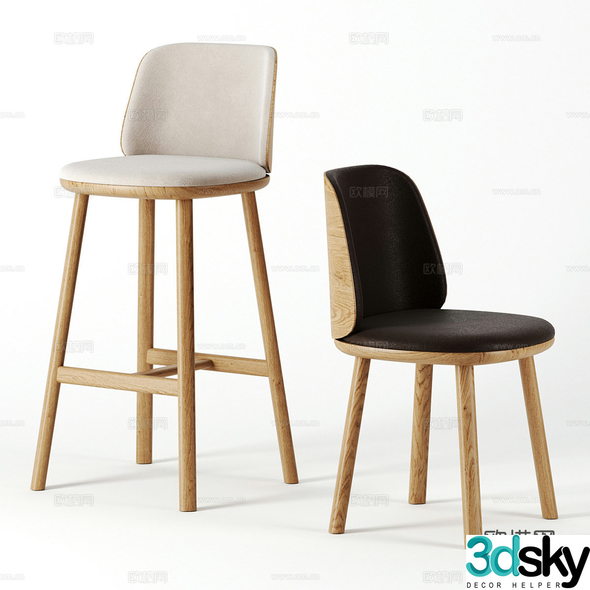 Bar chair combination fabric bar chair wooden bar chair dining chair single chair bar chair 3d model