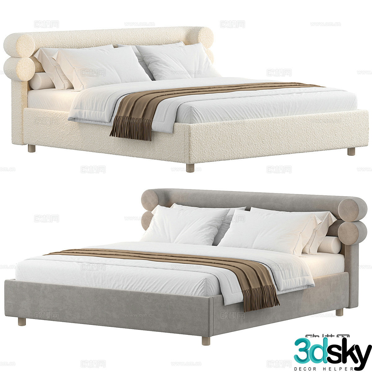 Creamy style double bed B&B double bed Hotel double bed Fabric double bed Bedding Tofu 3D model