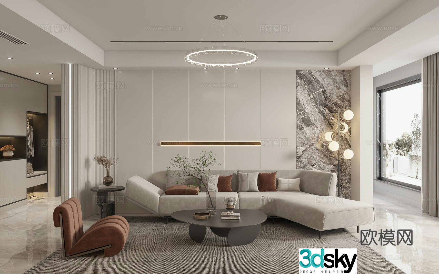 Modern light luxury living and dining room kitchen 3d model