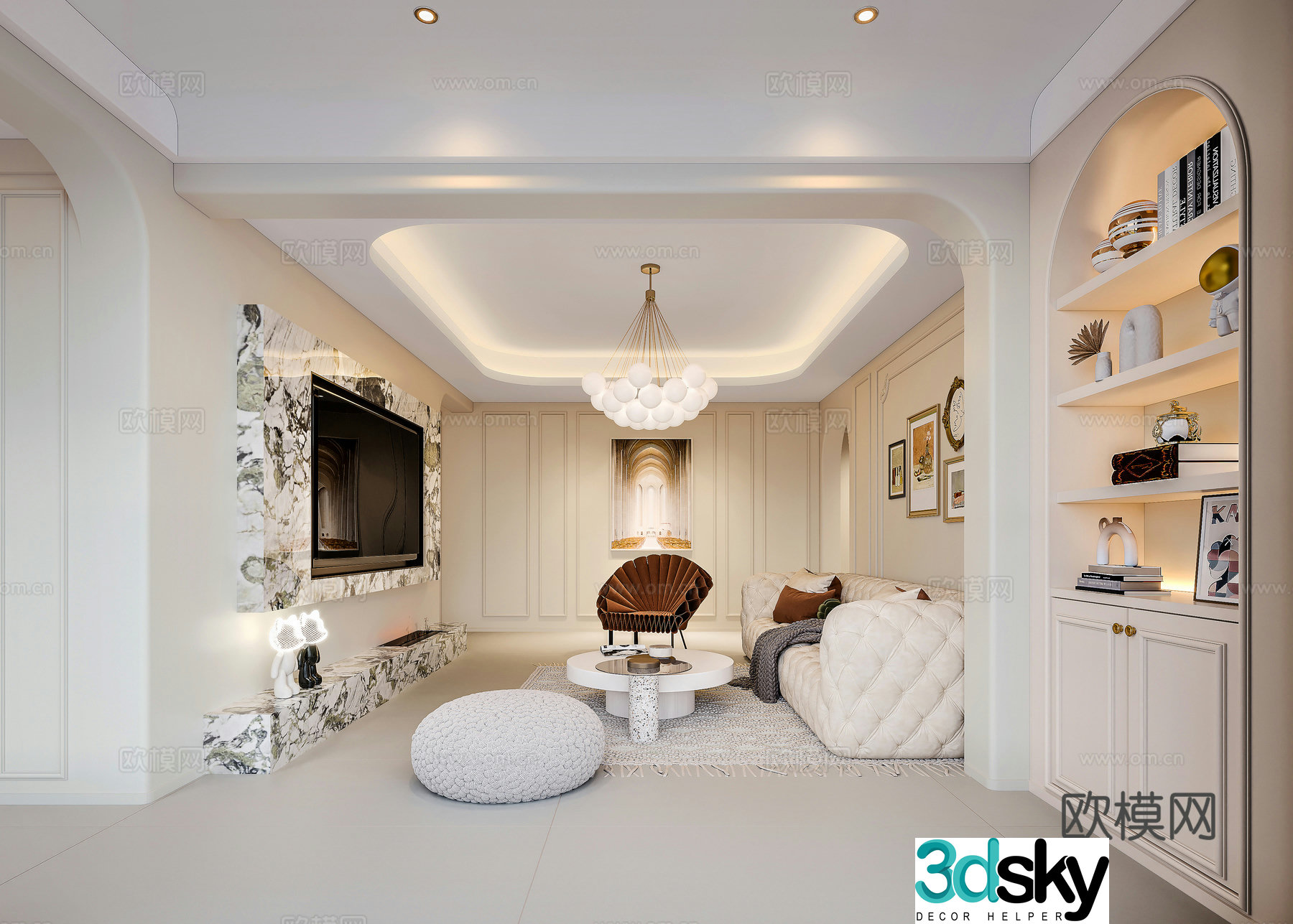 Creamy living room dining room 3d model