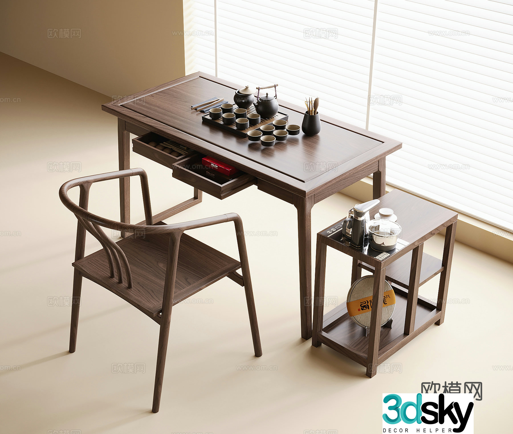 Chinese style balcony tea table and chair tea set ornaments 3D model