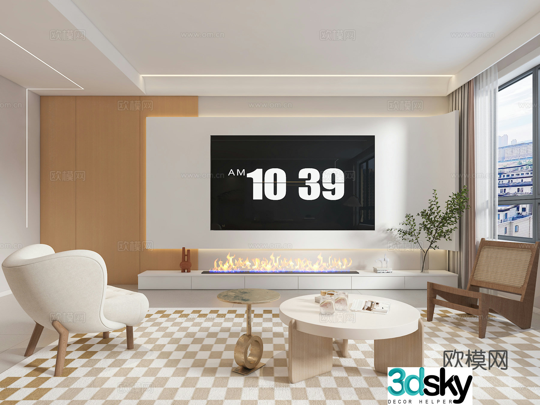 Modern log Nordic style living room study open kitchen 3d model
